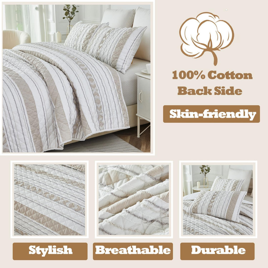 Brandream Queen Size Quilt Set Cotton Blend Farmhouse Patchwork Quilts White Beige Striped Quilts Waffle Quilted Comforter Set 3-Piece