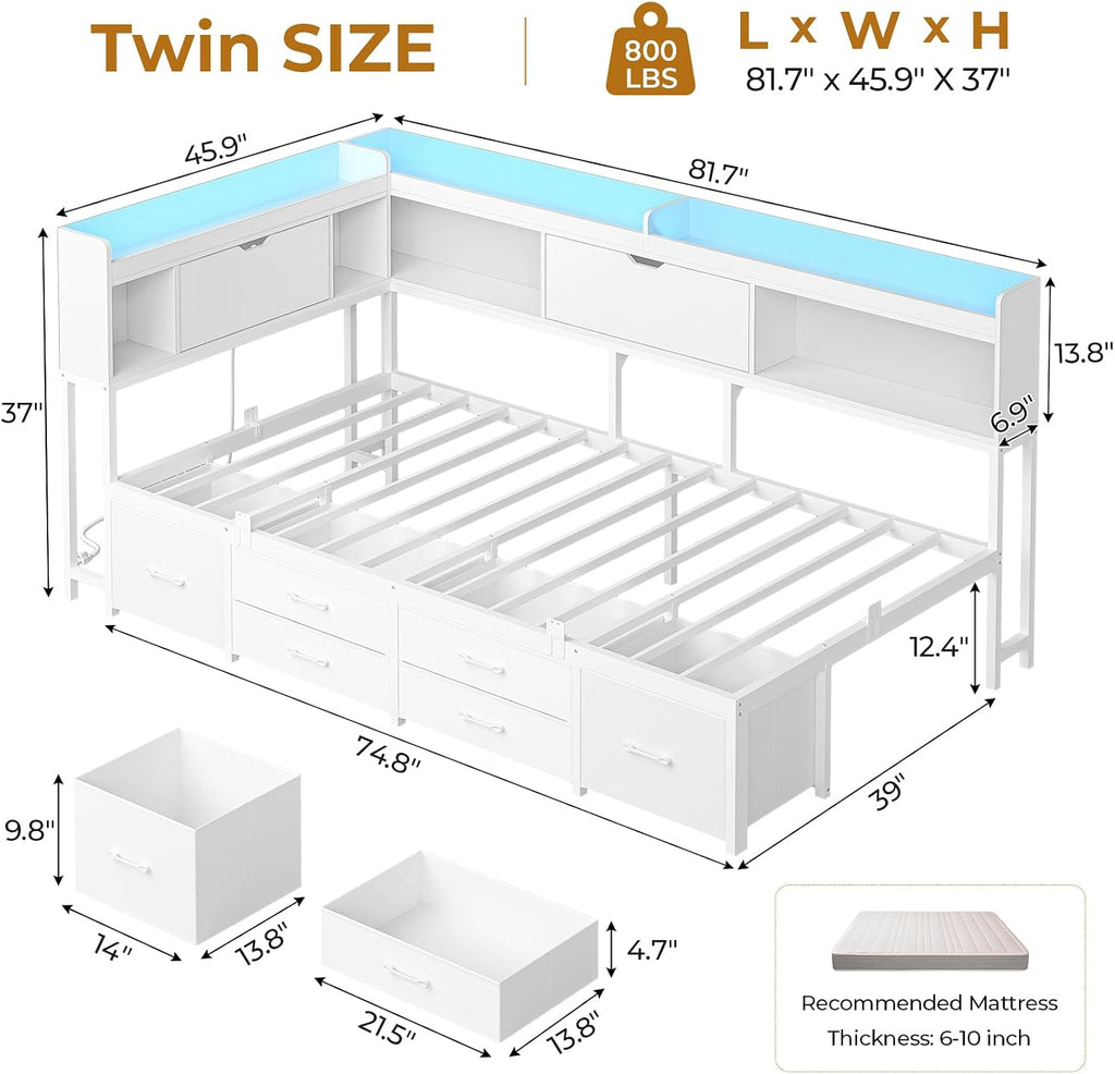 AOGLLATI Twin Corner Bed Frame with Bookcase and Hidden Storage & Metal Platform Twin Size Daybed with 6 Drawers,Charging Station, Led Lights- for Kids, Teens, White