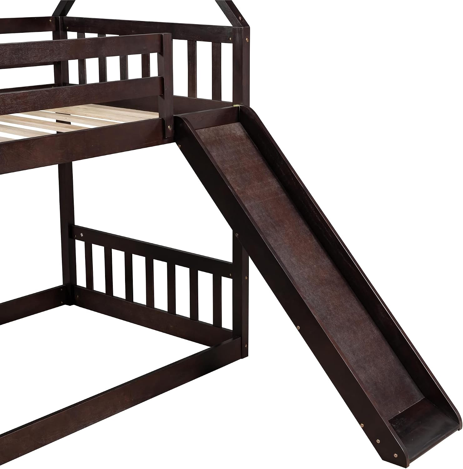 Twin Over Twin Bunk Bed with Slide for Kids Toddlers, House Bunk Bed Farm with Storage Steps and Roof Guardrail for Girls/Boys, No Spring Box Required (Espresso-Storage Steps#2)