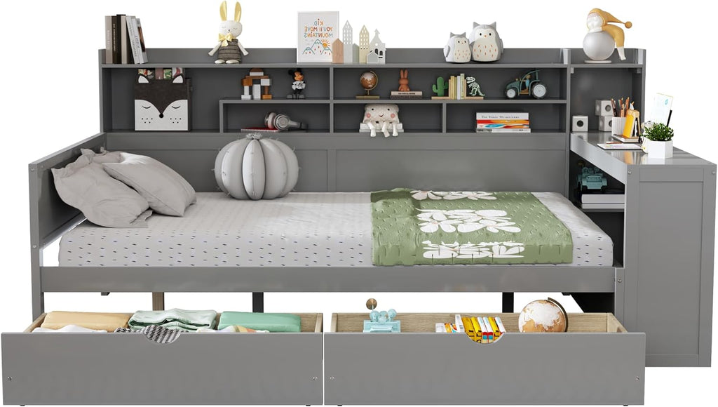 Mirightone Corner Full Bed Frame with Bookcase Storage and Desk, Wood Day Beds with 2 Drawers, Full Size Daybed with Storage for Living Room,Bedroom & Guest Room, Gray