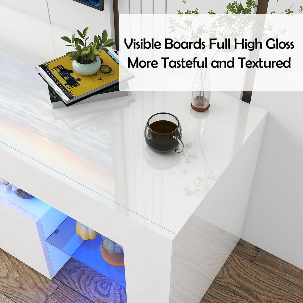 Vinctik 6&Fox LED TV White Stand for 55/60/65inch TV,Modern Entertainment Center with 2 Storage Drawers and LED Light, High Glossy TV Console,TV Table Media Furniture (63inch, White 1)
