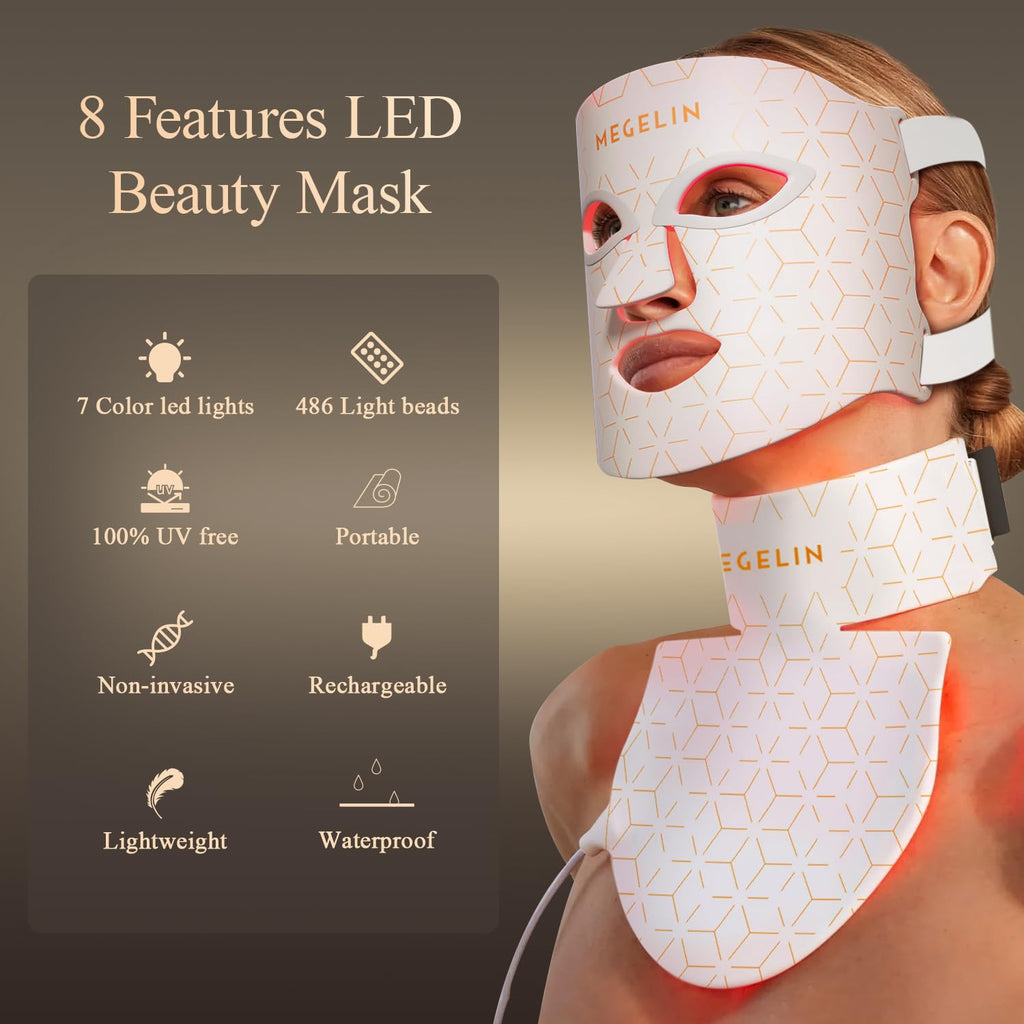 MEGELIN Led Red Light Therapy Face & Neck Mask, 7 Colors Led Light Therapy Facial Mask, Infrared Red Light Therapy Mask, Infrared Light Skin Rejuvenation(White)