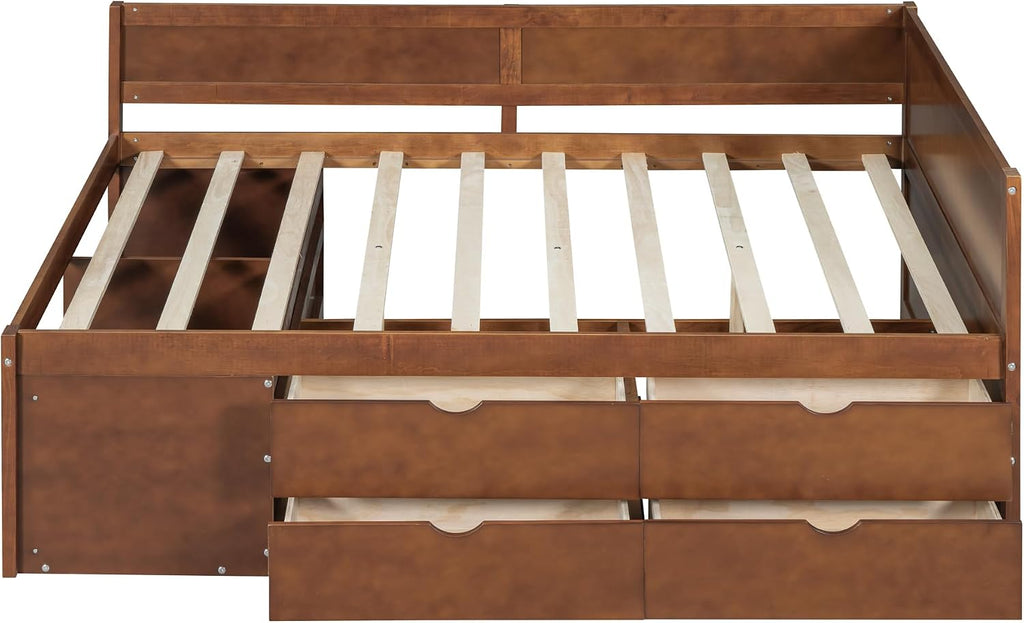 Full Size Daybed with 4 Pull-Out Drawers and 3 Functioning Shelves,Solid Wood Day Bed Frame with Wooden Slats Support for Bedroom,No Box Spring Required (Walnut-AB41)