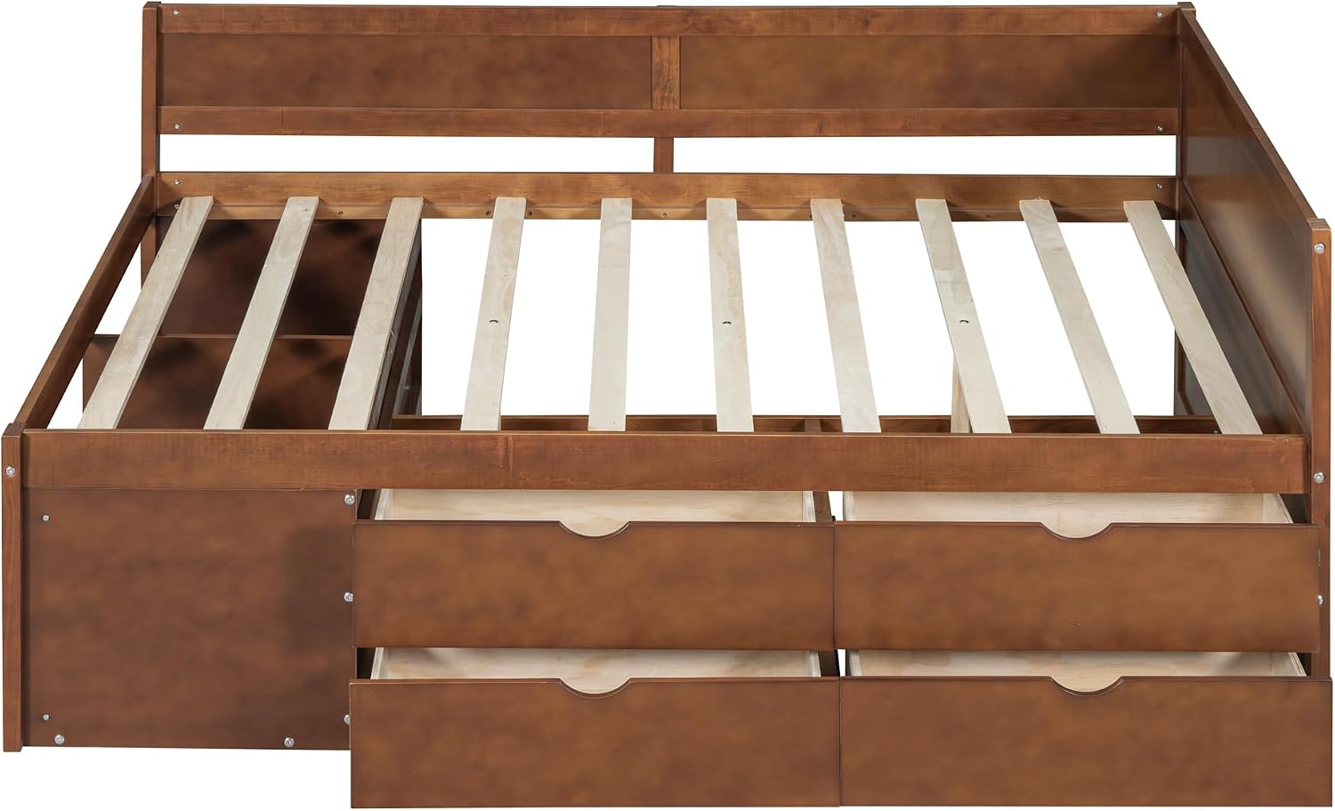 Full Size Daybed with 4 Pull-Out Drawers and 3 Functioning Shelves,Solid Wood Day Bed Frame with Wooden Slats Support for Bedroom,No Box Spring Required (Walnut-AB41)
