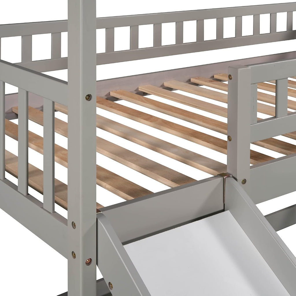 Twin Over Twin Bunk Bed for Kids Toddlers, House Bunk Bed Farm with Storage Steps and Slide Ladder Roof Guardrail for Girls/Boys, No Spring Box Required (Gray-Wood)