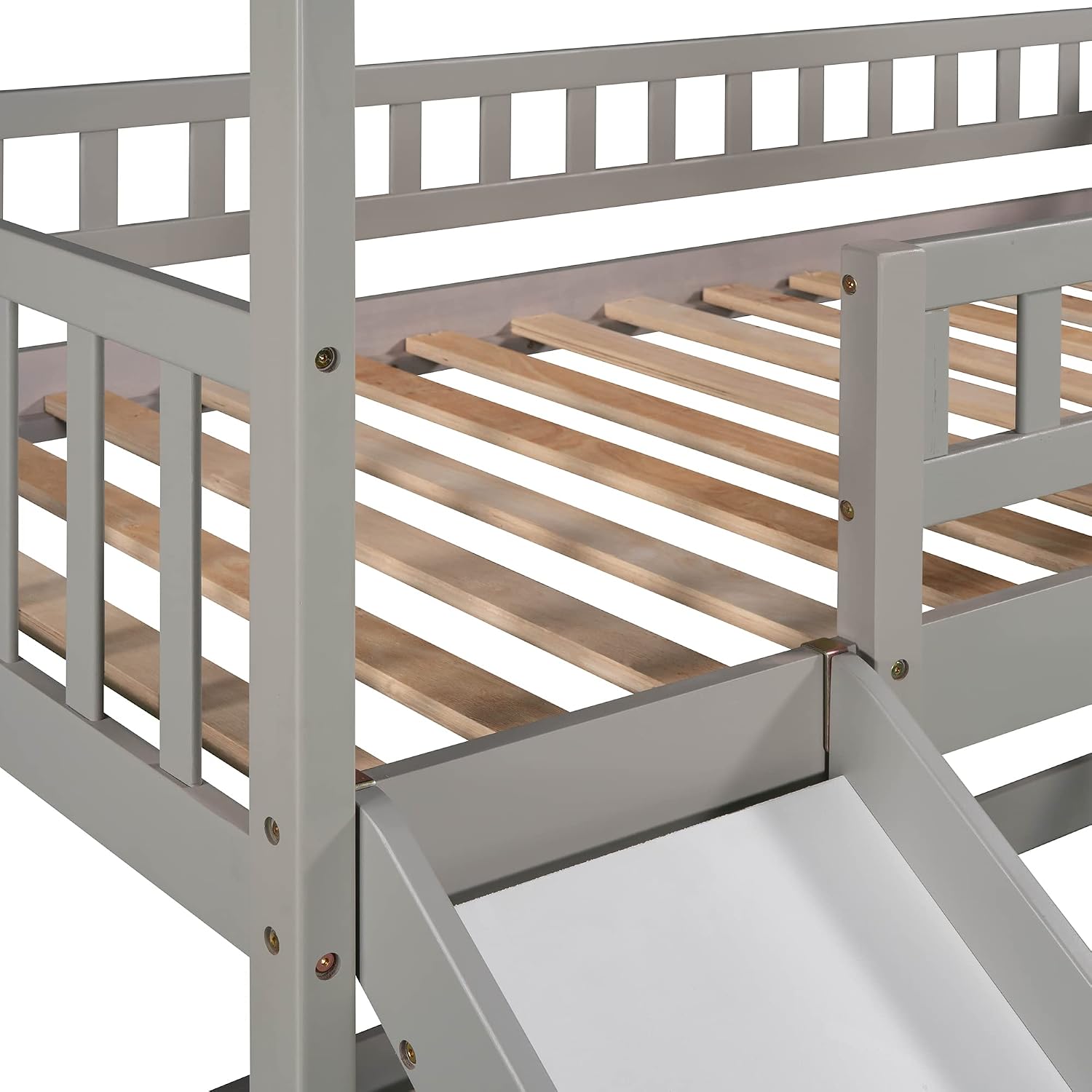 Twin Over Twin Bunk Bed for Kids Toddlers, House Bunk Bed Farm with Storage Steps and Slide Ladder Roof Guardrail for Girls/Boys, No Spring Box Required (Gray-Wood)