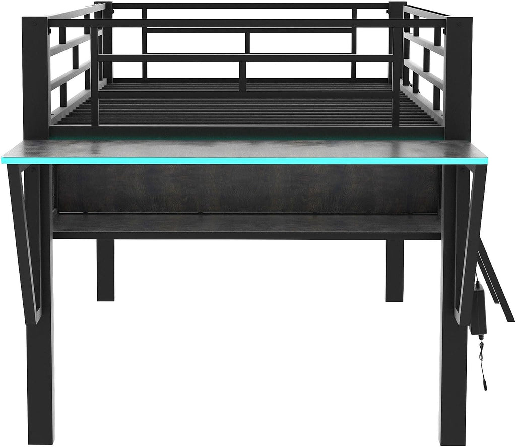 GOWE Gaming mid loft Bed with Desk, LED, Twin, Black
