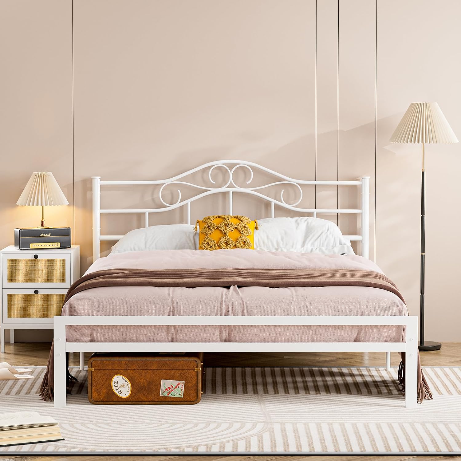 IKIFLY Metal Queen Size Headboard, Adjustable Height, Steel Curved Queen Headboard Only for Bedroom, Farmhouse Scrollwork Design, Attach Frame, Easy Assembly, White