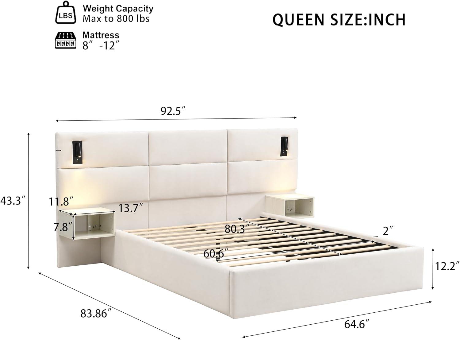 Merax Queen Size Chenille Upholstered Bed Frame with Wide headboard and Small Reading Lamp and Side Nightstand for Adults, Heavy Duty Steel Center Beam for Support, No Box Spring Needed, White