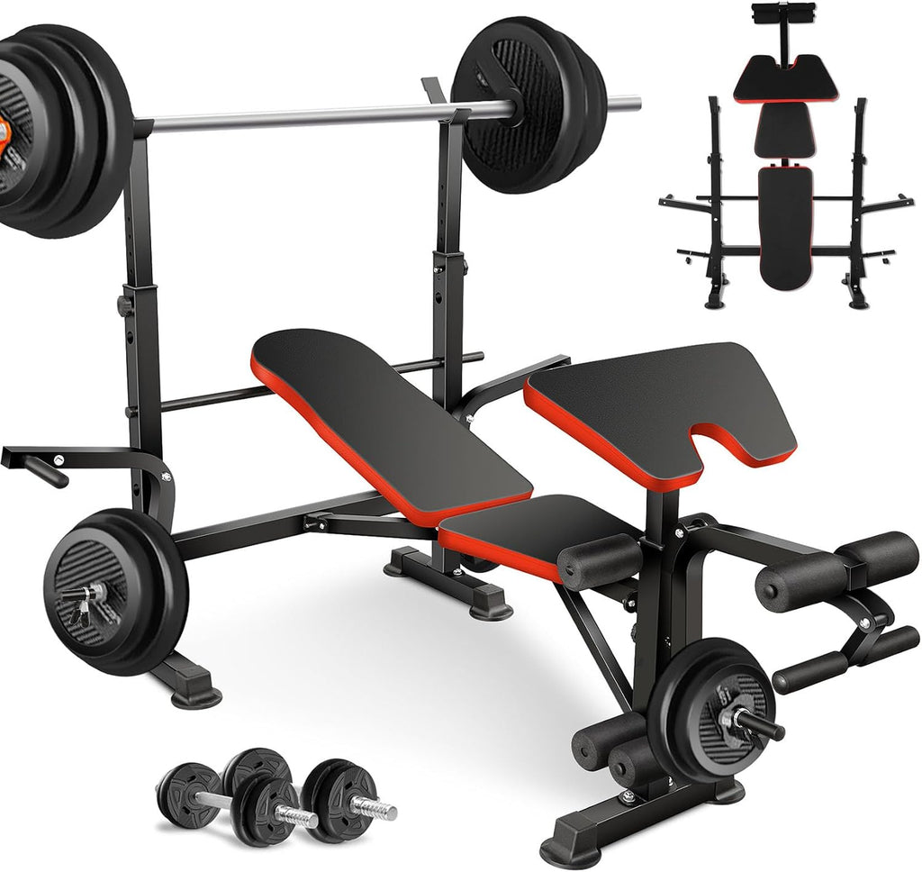 Angotrade 600lbs Adjustable Olympic Weight Bench Set with Squat Rack Foldable Workout Bench Press Set with Preacher Curl & Leg Developer for Full-Body Workout