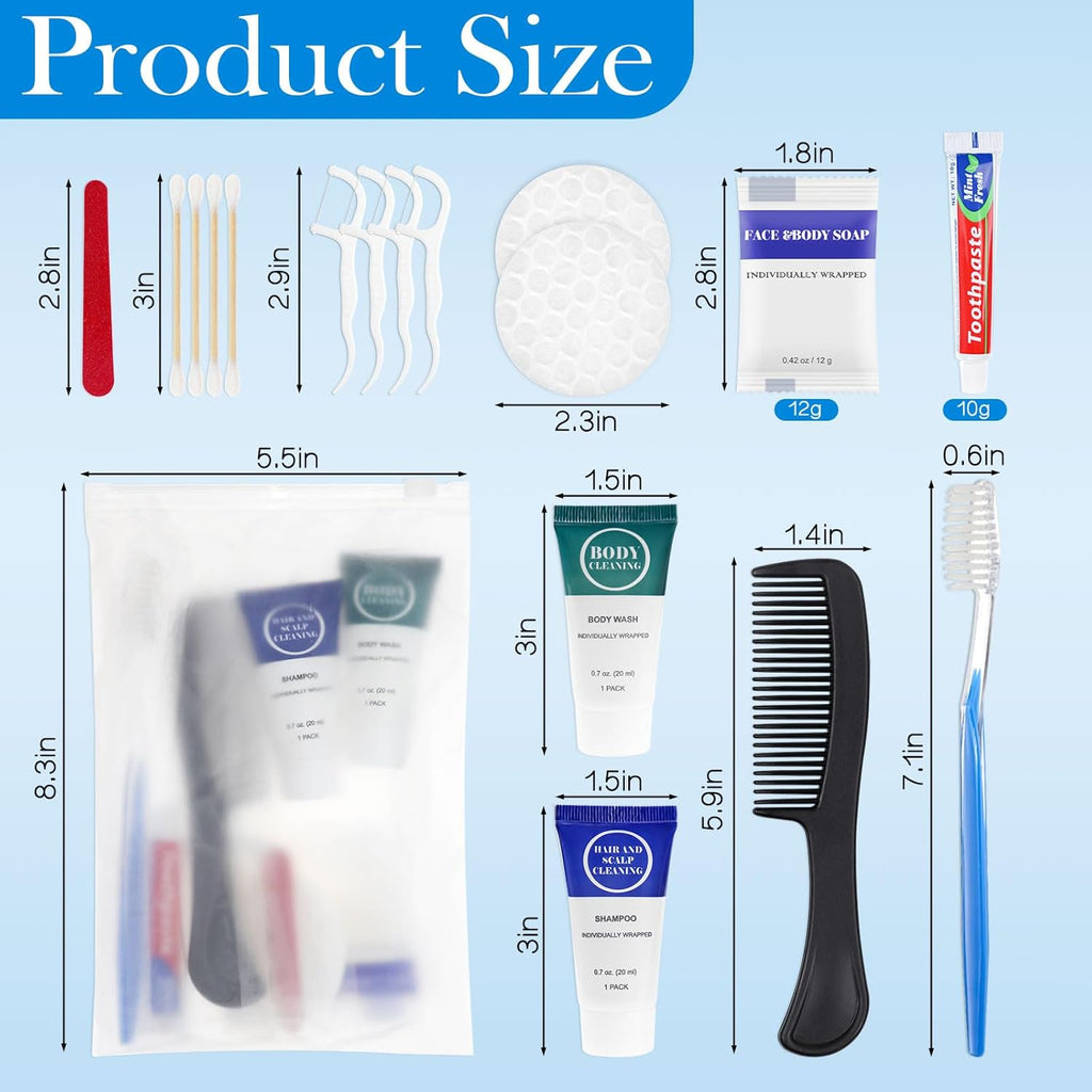 Toiletry Kits Travel Essentials Disposable Hygiene in Bulk, Trial Size Toiletries Supplies Individually Wrapped Traveling Personal Care Items, for Camping, Hotel, Homeless, Charity, 8-in-1 (200-Pack)