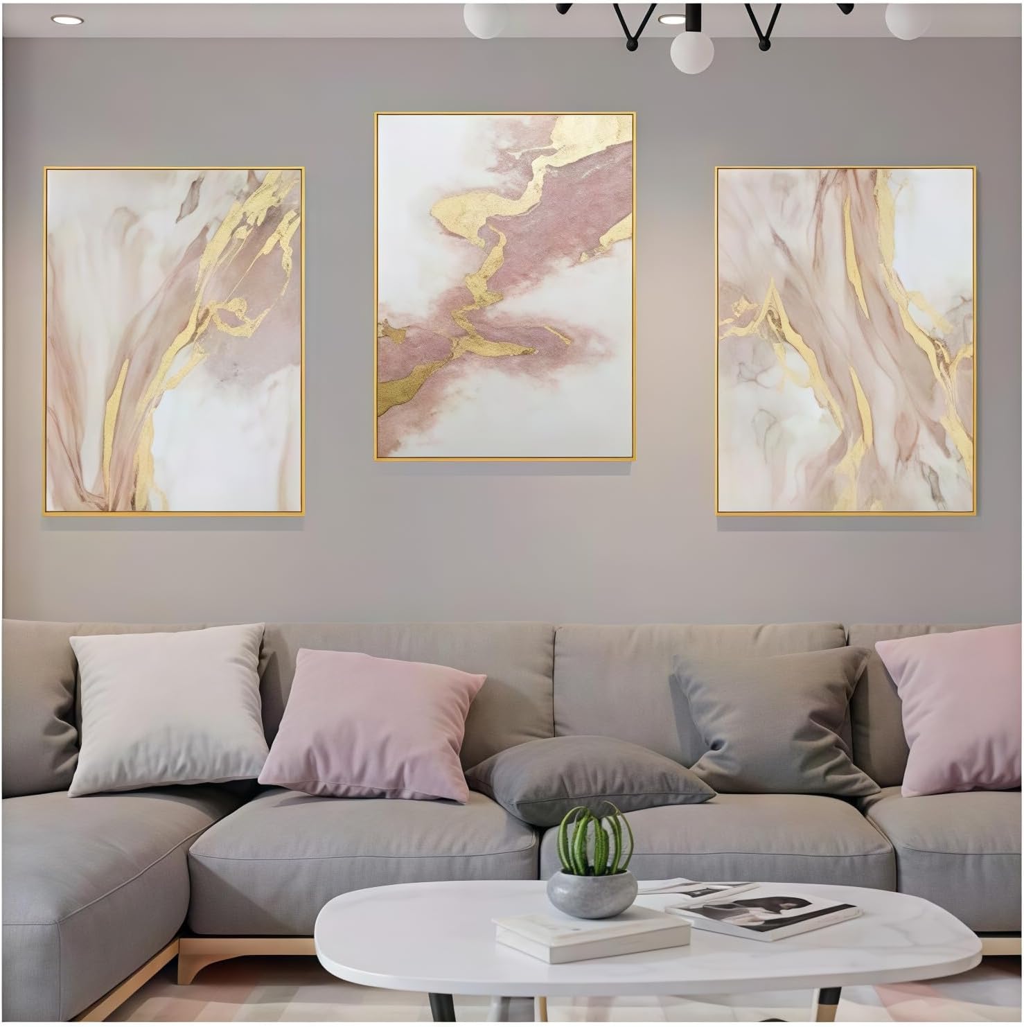Large Pink Abstract Canvas Wall Art for Living Room-Gold Framed Abstract Oil Painting for Bedroom-3 Pieces Modern Pictures Wall Decer For Home Decor Ready to Hang 72x36 inches