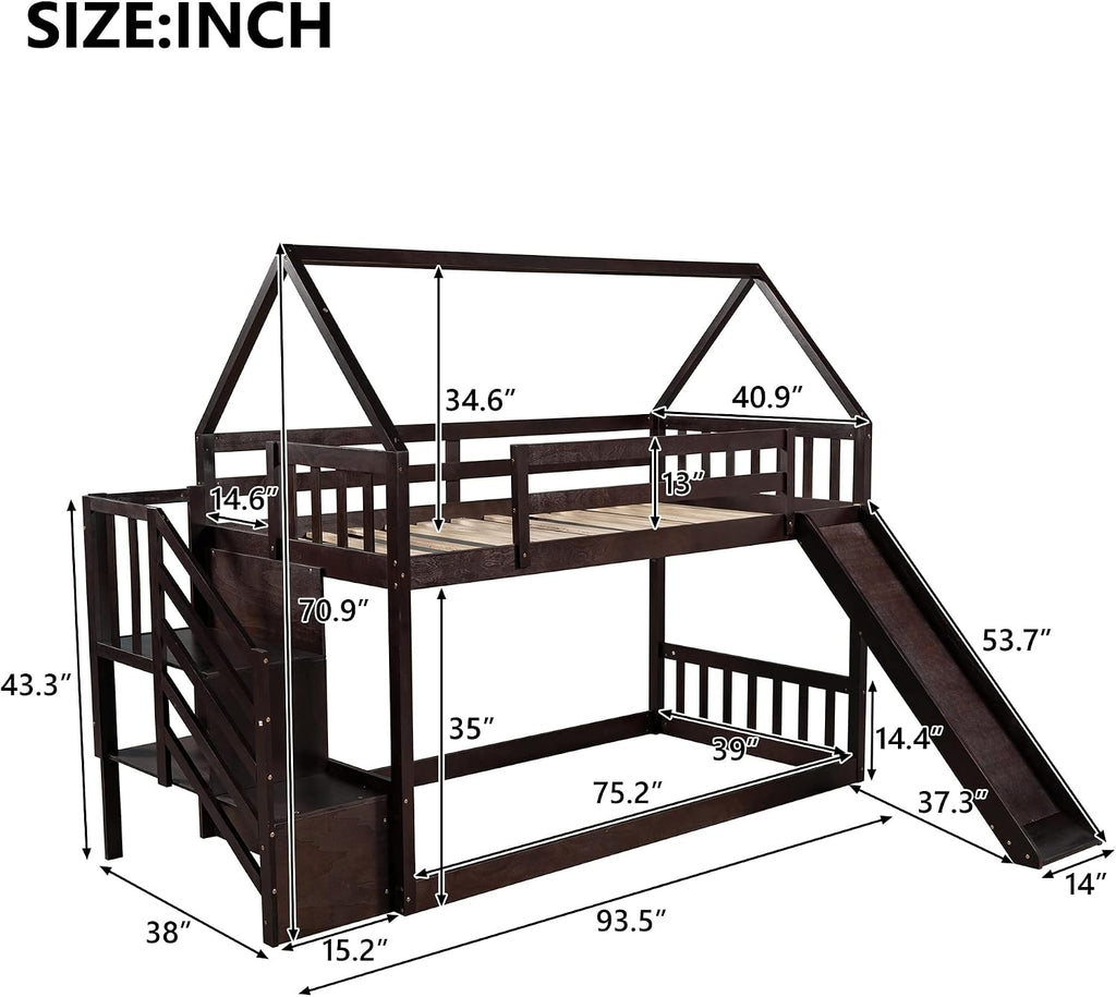 Twin Over Twin Bunk Bed with Slide for Kids Toddlers, House Bunk Bed Farm with Storage Steps and Roof Guardrail for Girls/Boys, No Spring Box Required (Espresso-Storage Steps#2)