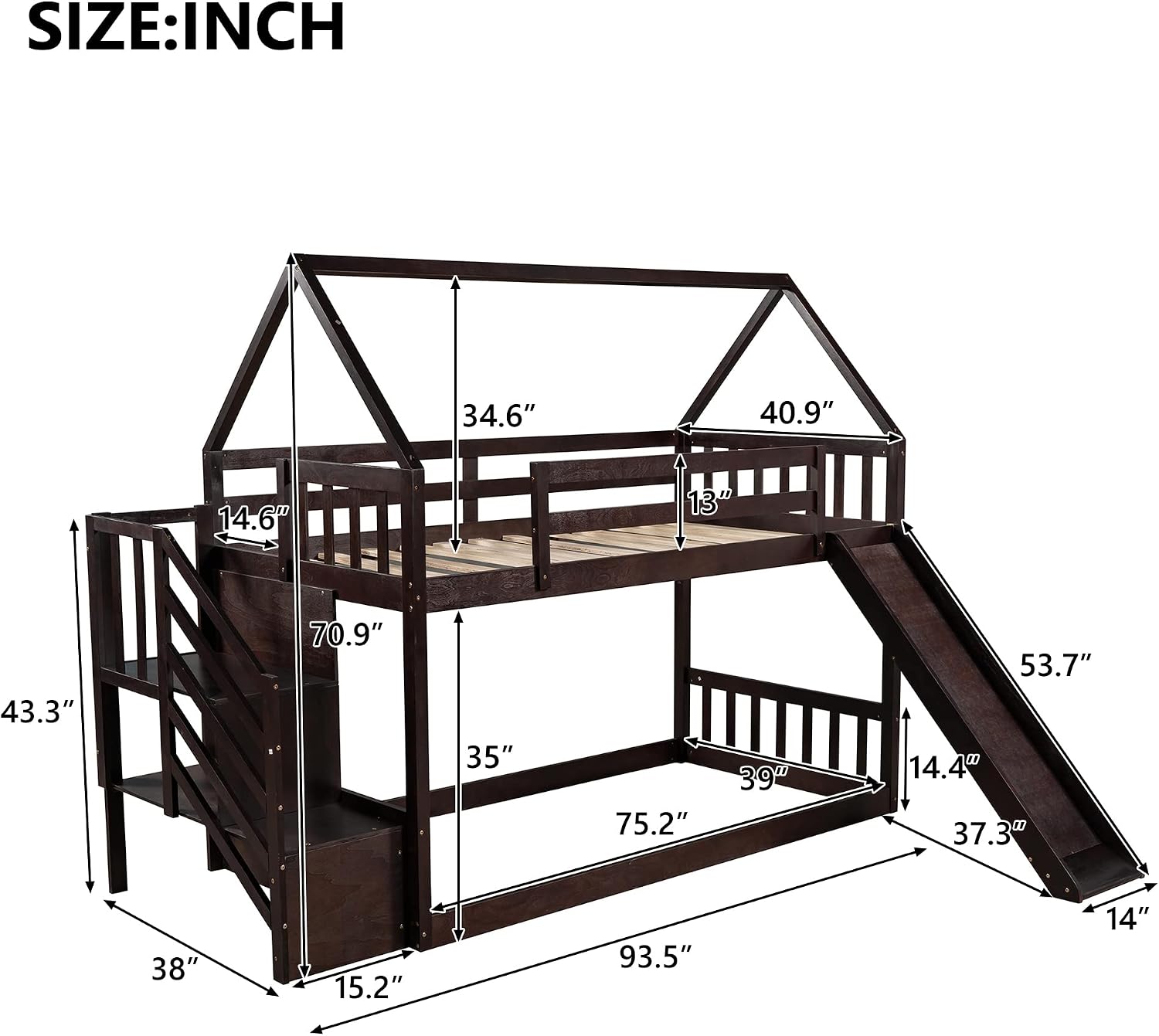Twin Over Twin Bunk Bed with Slide for Kids Toddlers, House Bunk Bed Farm with Storage Steps and Roof Guardrail for Girls/Boys, No Spring Box Required (Espresso-Storage Steps#2)