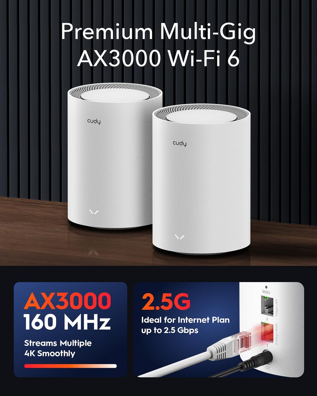 Cudy WiFi 6 Mesh Router AX3000, 2.5G Port, Whole Home Mesh WiFi System, Dual Band 3000Mbps, Connect 200+ Devices, App Control & Parental Control, VPN Router for Gaming, Streaming & Smart Home, 2-Pack