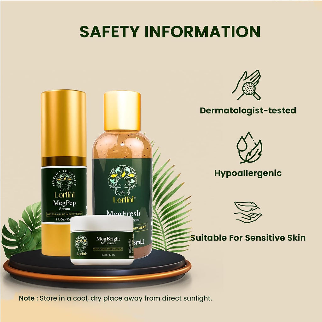 Loriini™ Meg Collection – Skincare Set for Women, MegPep Peptide Serum with Hyaluronic Acid, MegFresh Cleanser Exfoliating Face Wash, MegBright Moisturizer for Dark Spots - Gifts for Mom