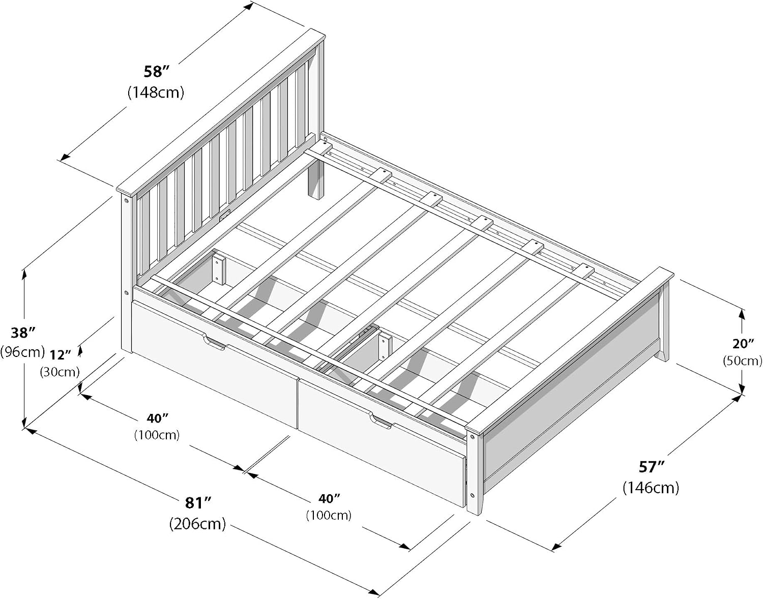 Max & Lily Classic Full Bed, Slatted Headboard, with Storage Drawers, White