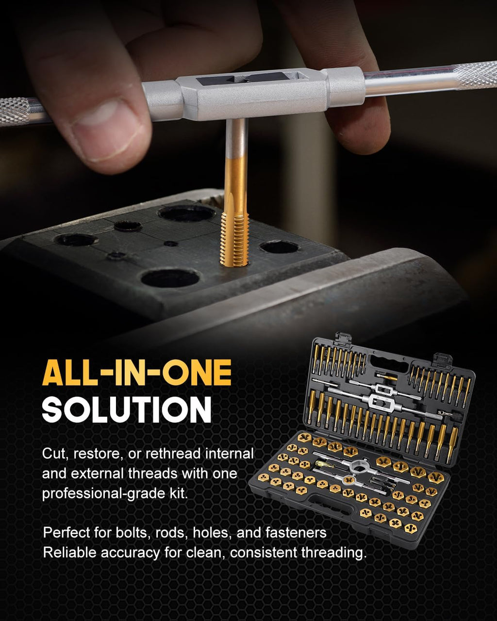 Kolvoii 86-Piece Tap and Die Set, Metric Size M3 to M16 and SAE Size #4 to 5/8', Titanium-Coated GCr15 Steel Rethreading Tool Kit with Coarse and Fine Threads for Internal and External Threads