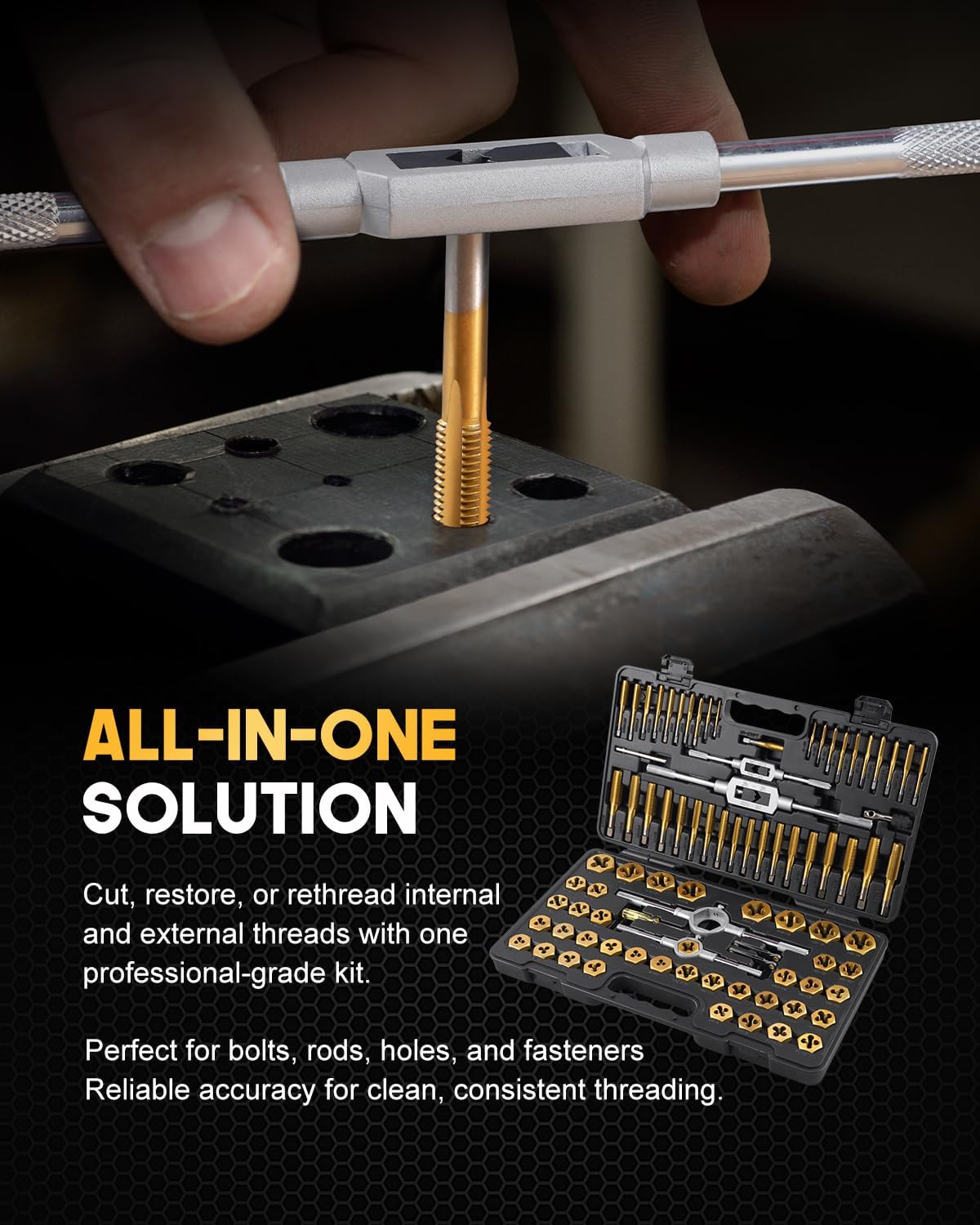 Kolvoii 86-Piece Tap and Die Set, Metric Size M3 to M16 and SAE Size #4 to 5/8', Titanium-Coated GCr15 Steel Rethreading Tool Kit with Coarse and Fine Threads for Internal and External Threads