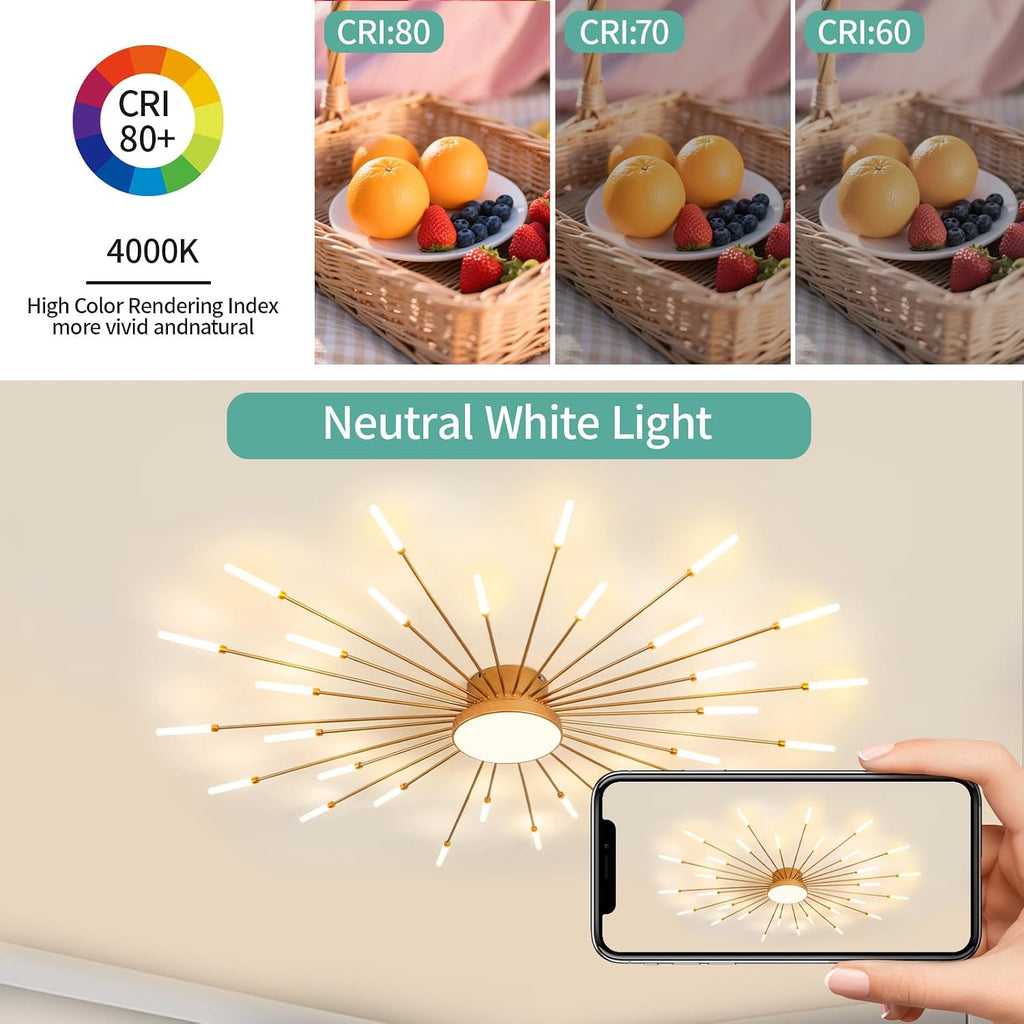 ziidoo Modern Ceiling Light,30+1 Lights Metal Firework Designed Chic Led Lighting Fixture for Farmhouse Kitchen Dining Room Bedroom Hallway Living Room (Gold and Dark Gold)
