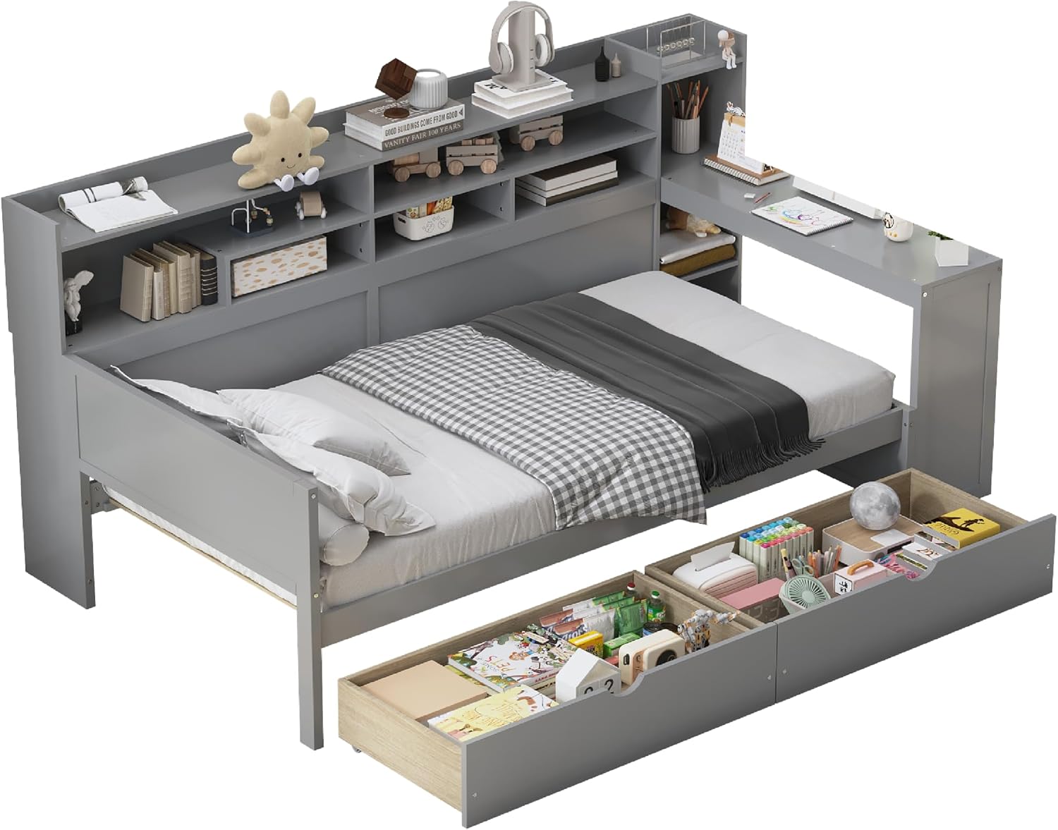 Mirightone Corner Twin Bed Frame with Bookcase Storage and Desk, Wood Day Beds with 2 Drawers, Twin Size Daybed with Storage for Living Room,Bedroom & Guest Room, Gray