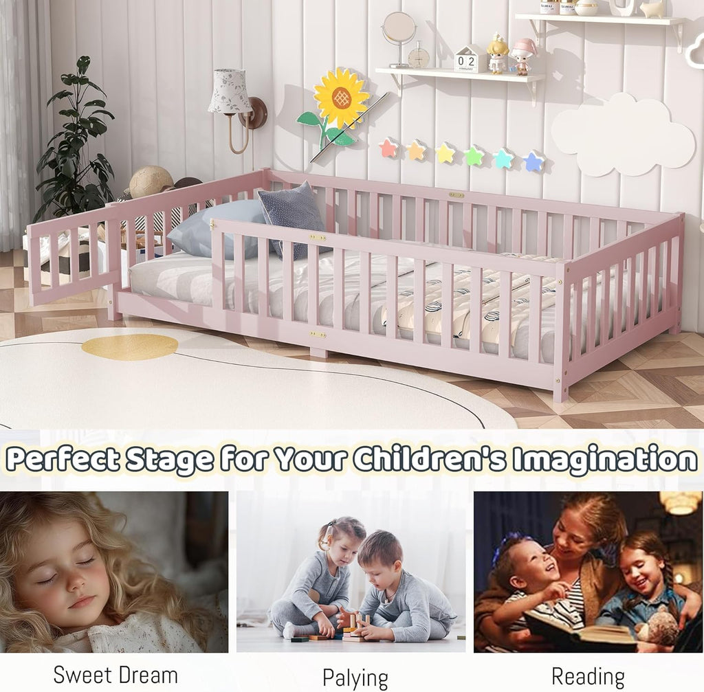 Full Size Floor Bed for Kids, Wooden Montessori Bed Frame with Door, Montessori Floor Bed with Rails for Boys and Girls, No Box Spring Needed, Pink