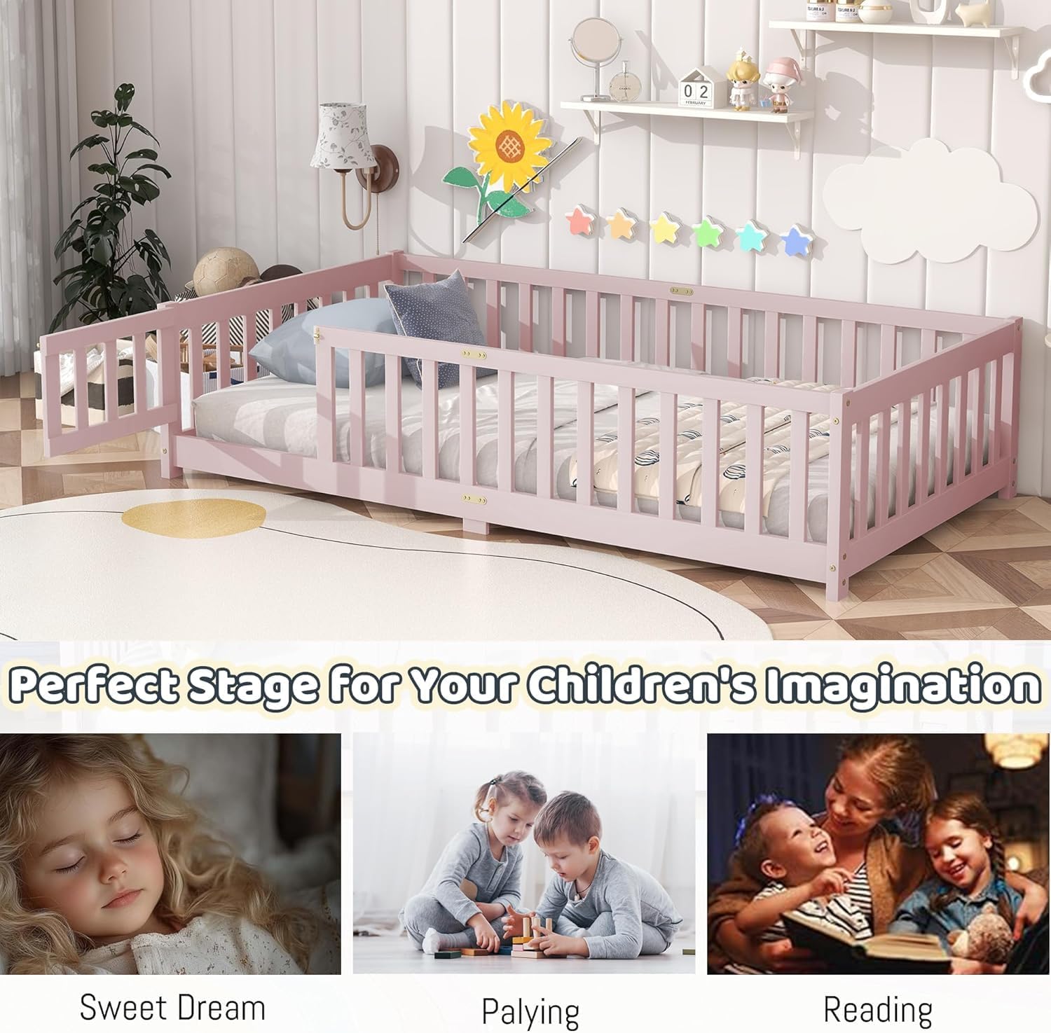 Full Size Floor Bed for Kids, Wooden Montessori Bed Frame with Door, Montessori Floor Bed with Rails for Boys and Girls, No Box Spring Needed, Pink
