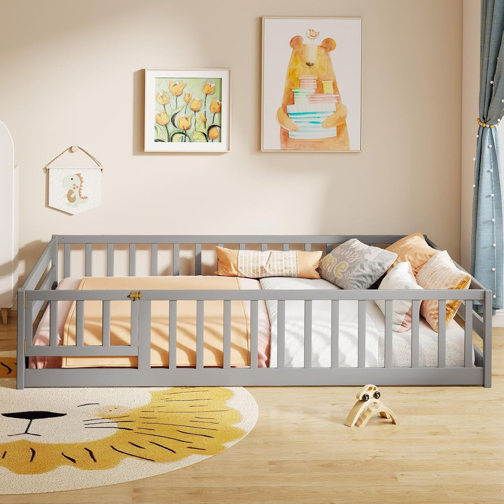 BECOMFORT Full Size Floor Bed for Kids, Kids Wood Bed Frame with Door, Latch & Safety Guardrails, Montessori Bed for Boys Girls