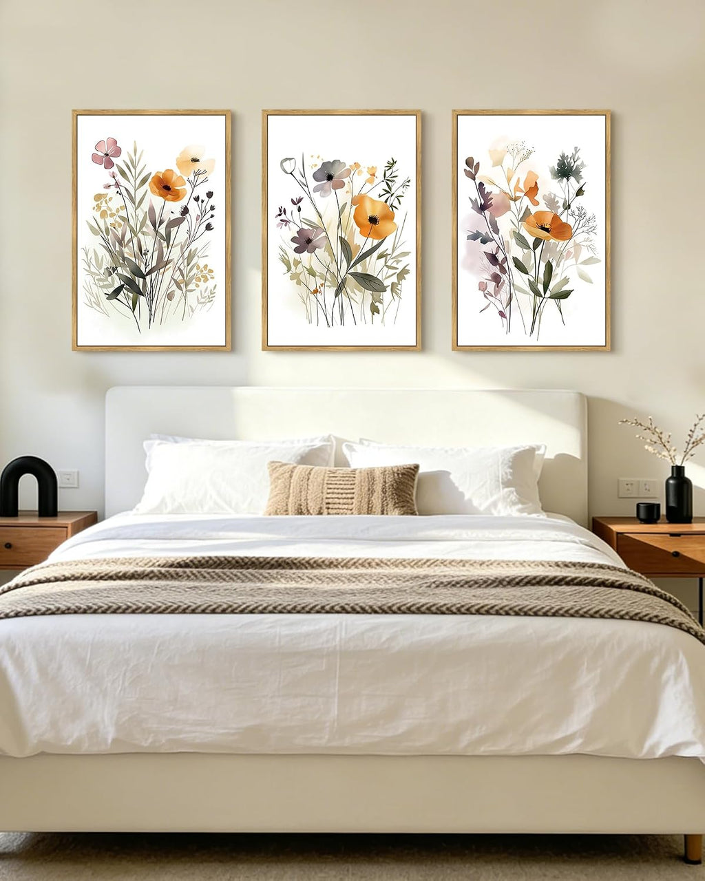 KUVIOKE Wildflower Bouquet Framed Wall Art Modern Flower Botanical Pictures Illustrations Colorful Floral Hanging Bedroom Dining Living Room Decor 24x36in (Natural Framed)
