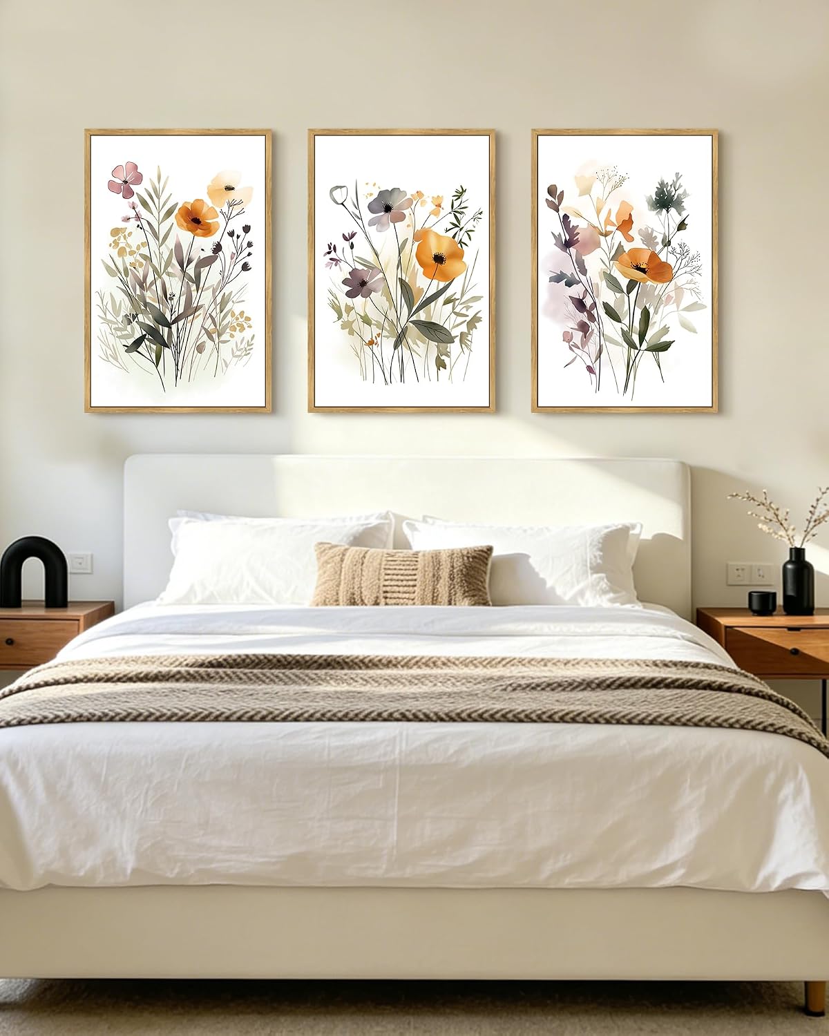 KUVIOKE Wildflower Bouquet Framed Wall Art Modern Flower Botanical Pictures Illustrations Colorful Floral Hanging Bedroom Dining Living Room Decor 24x36in (Natural Framed)