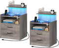 Nightstand Set of 2 with Charging Station and LED Lights, Bedside Table with 2 Drawers and Open Storage Shelf, 2 USB Ports and 2 AC Outlets, LED Night Stands for Bedroom Set of 2, Grey