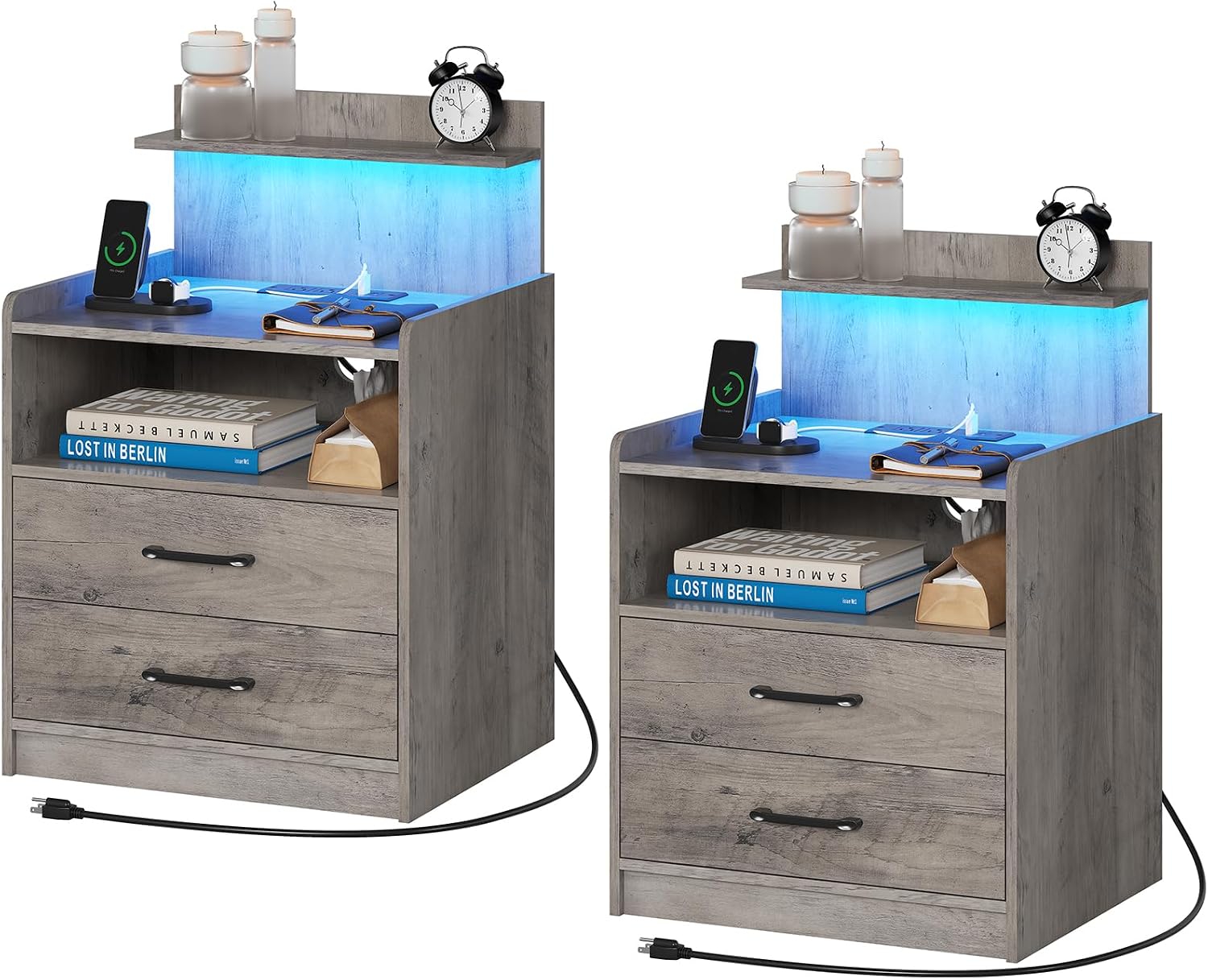 Nightstand Set of 2 with Charging Station and LED Lights, Bedside Table with 2 Drawers and Open Storage Shelf, 2 USB Ports and 2 AC Outlets, LED Night Stands for Bedroom Set of 2, Grey