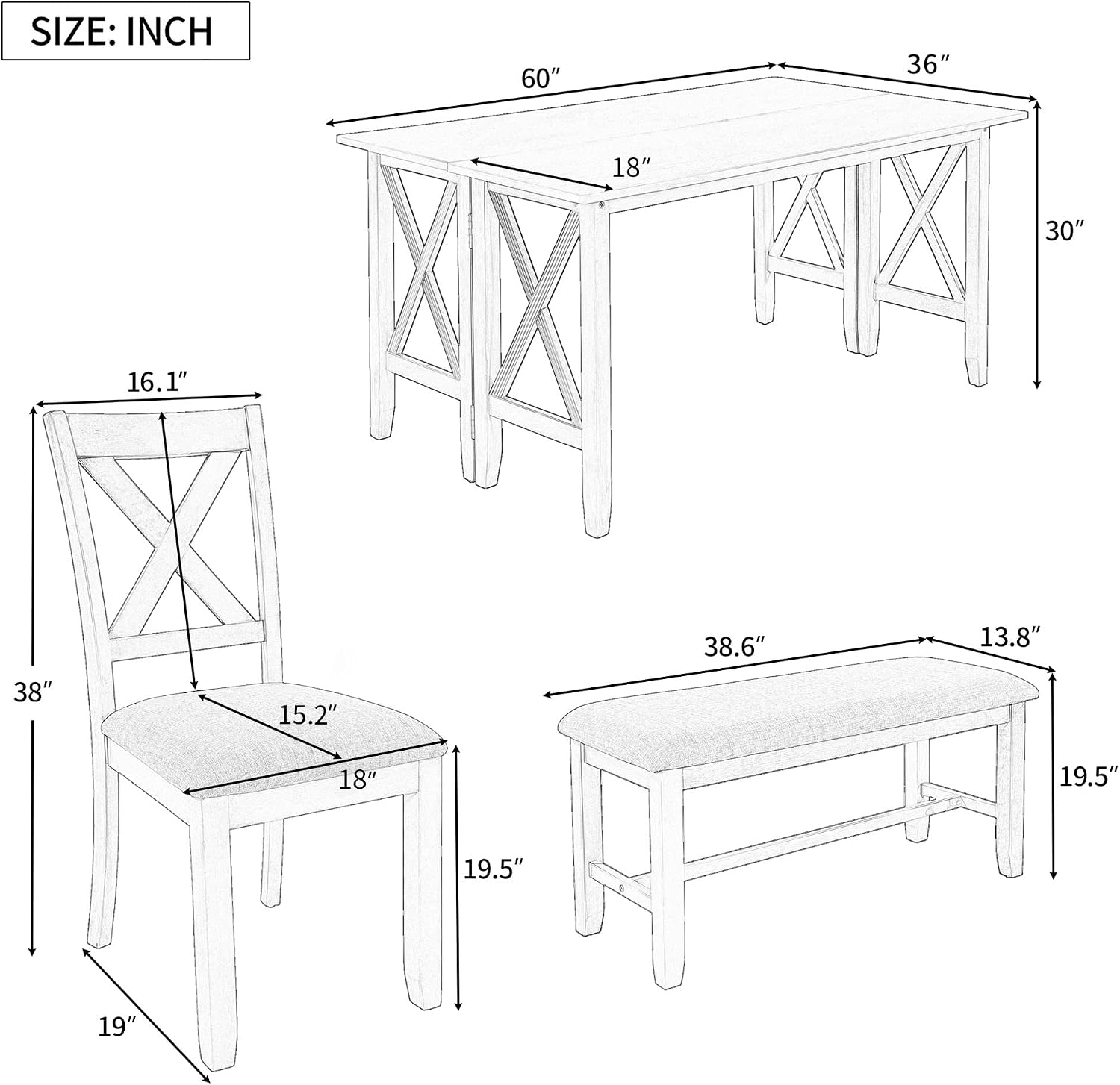 LUMISOL Foldable Kitchen Table Set with Bench and Chairs for 6, 6 Piece Dining Room Table Set with Upholstered Seating and Folding Table