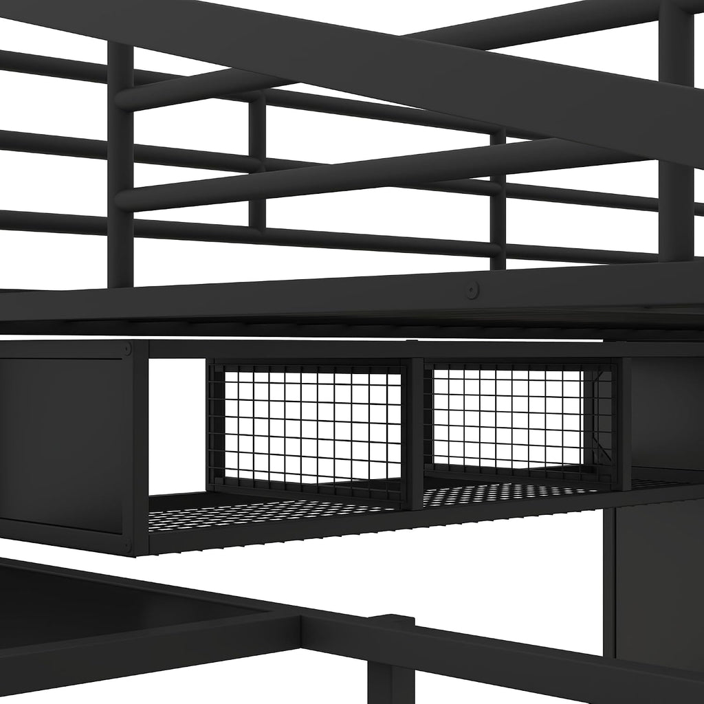JIVOIT Metal Loft Bed Frame with Table Set, Full Size Storage Loft Bed with Wardrobe and 4-Layers Ladder, Full-Length Guardrails and Metal Slats Support, Space-Saving Bed Frame for Kids Teens