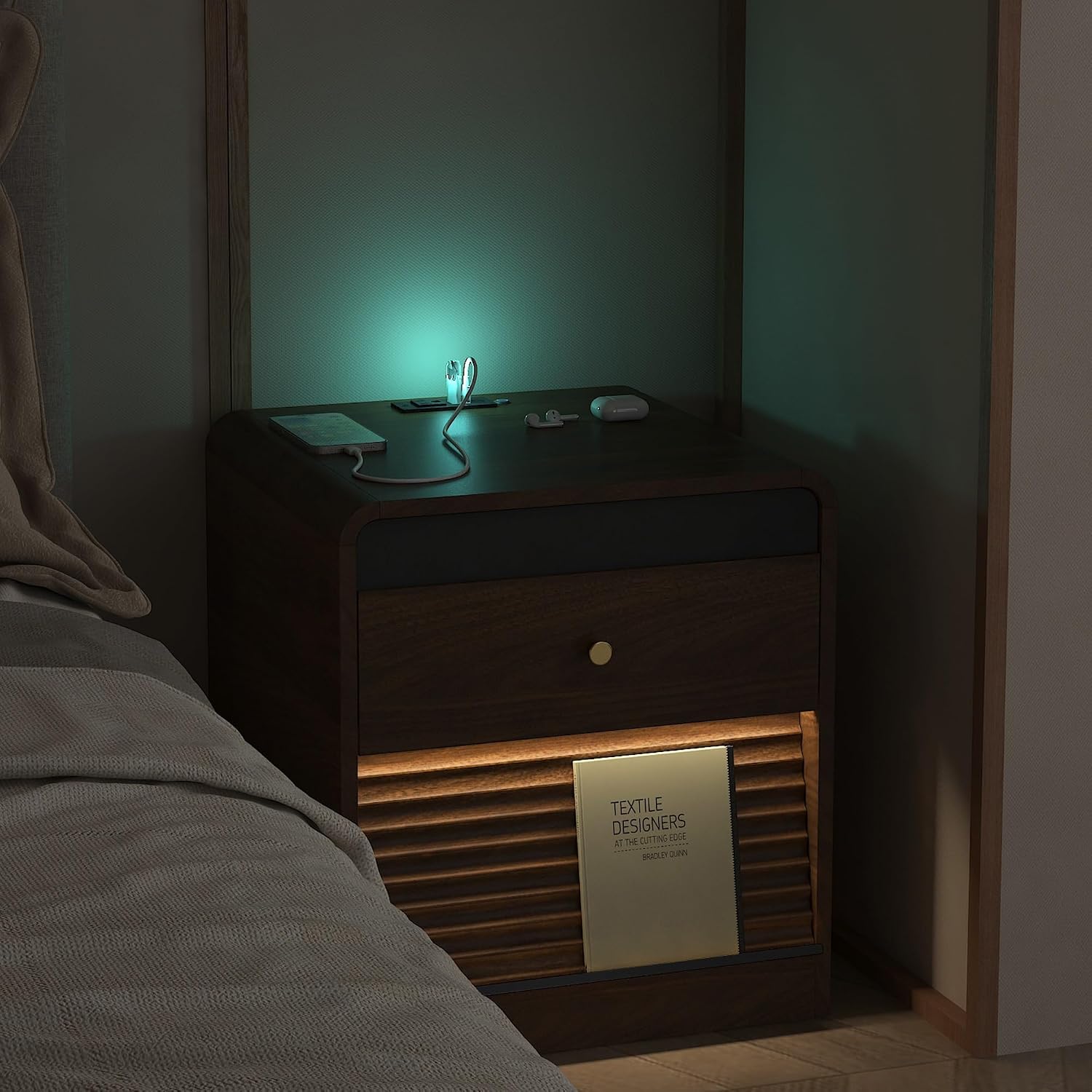 Smart Nightstand with Charging Station – Bedside Table with Voice-Controlled LED Night Light, 1 AC Outlet + 2 USB Ports, Ample Storage Cabinet for Bedroom(Wood)