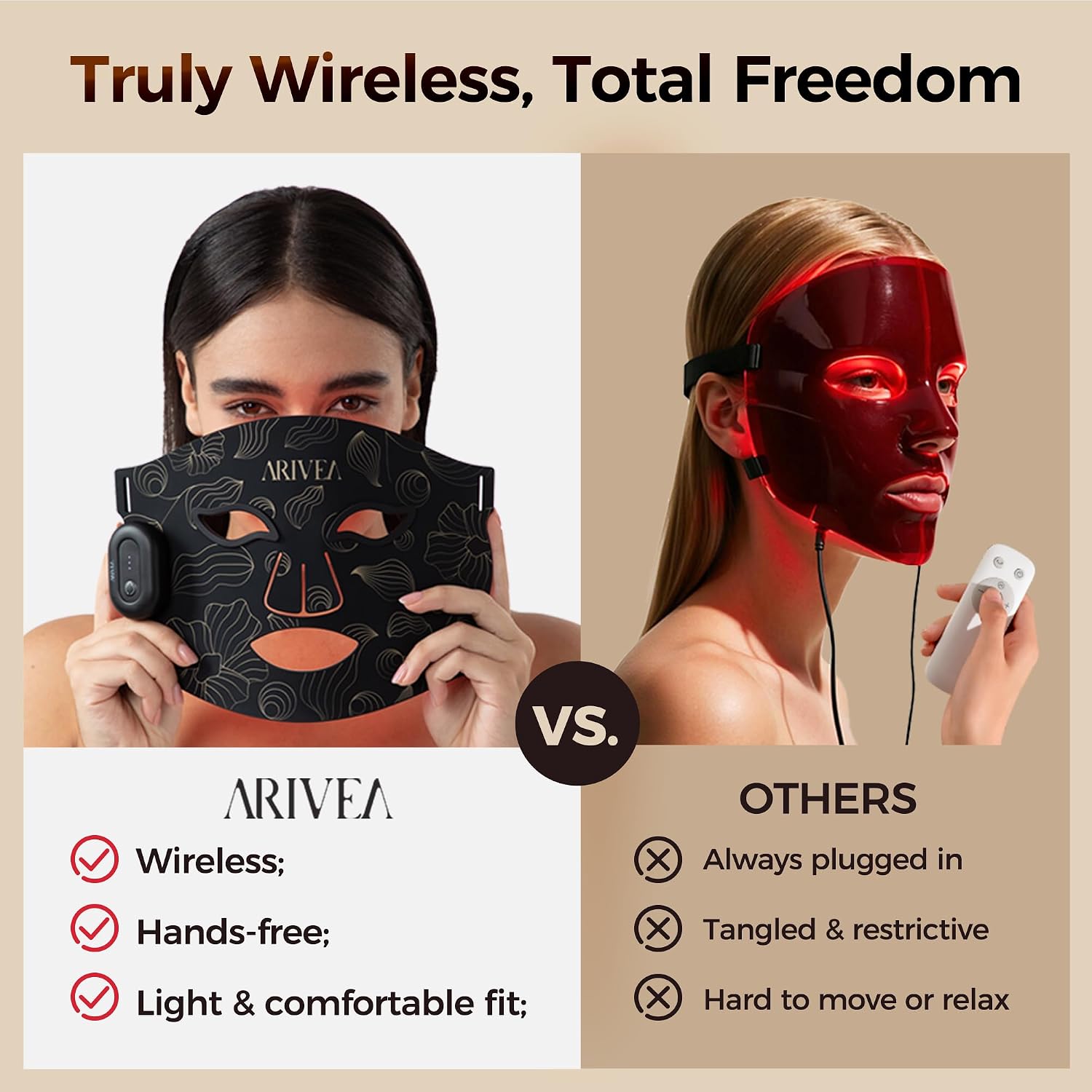 ARIVEA Red Light Therapy Mask for Face – Portable Wireless LED Face Mask with 3 Modes (Red, Blue, Infrared 850nm), Cordless Anti-Aging Light Therapy for Wrinkle Reduction, Acne Care & At-Home Skin