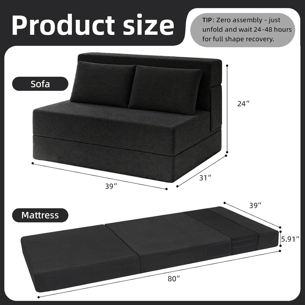 Folding Sofa Bed,Convertible Sleeper Chair with Pillow, Loveseat Fold Out Chair Bed, Memory Foam Floor Couch Mattress, Foldable Futon Couch Lounge for Living Room(Black-Corduroy, Twin XL)