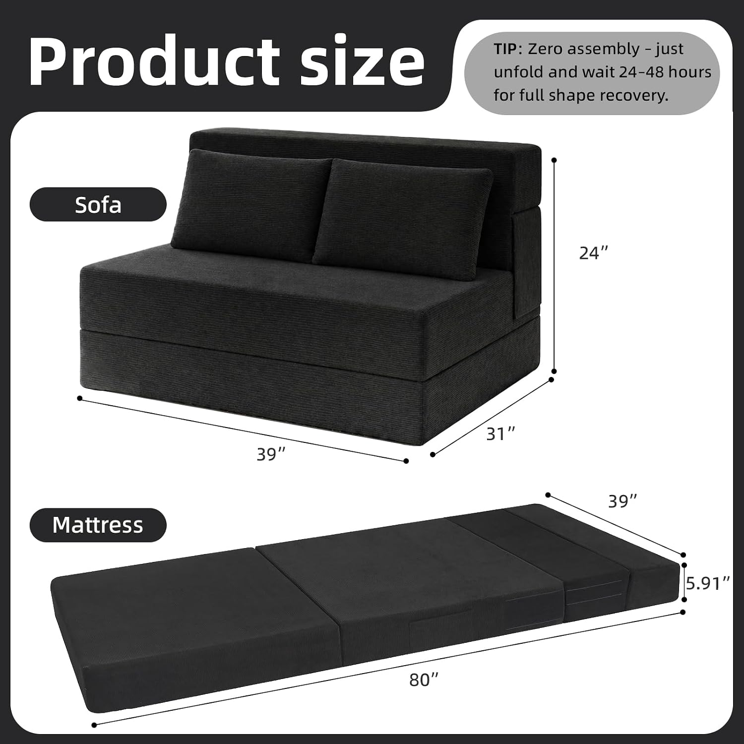 Folding Sofa Bed,Convertible Sleeper Chair with Pillow, Loveseat Fold Out Chair Bed, Memory Foam Floor Couch Mattress, Foldable Futon Couch Lounge for Living Room(Black-Corduroy, Twin XL)