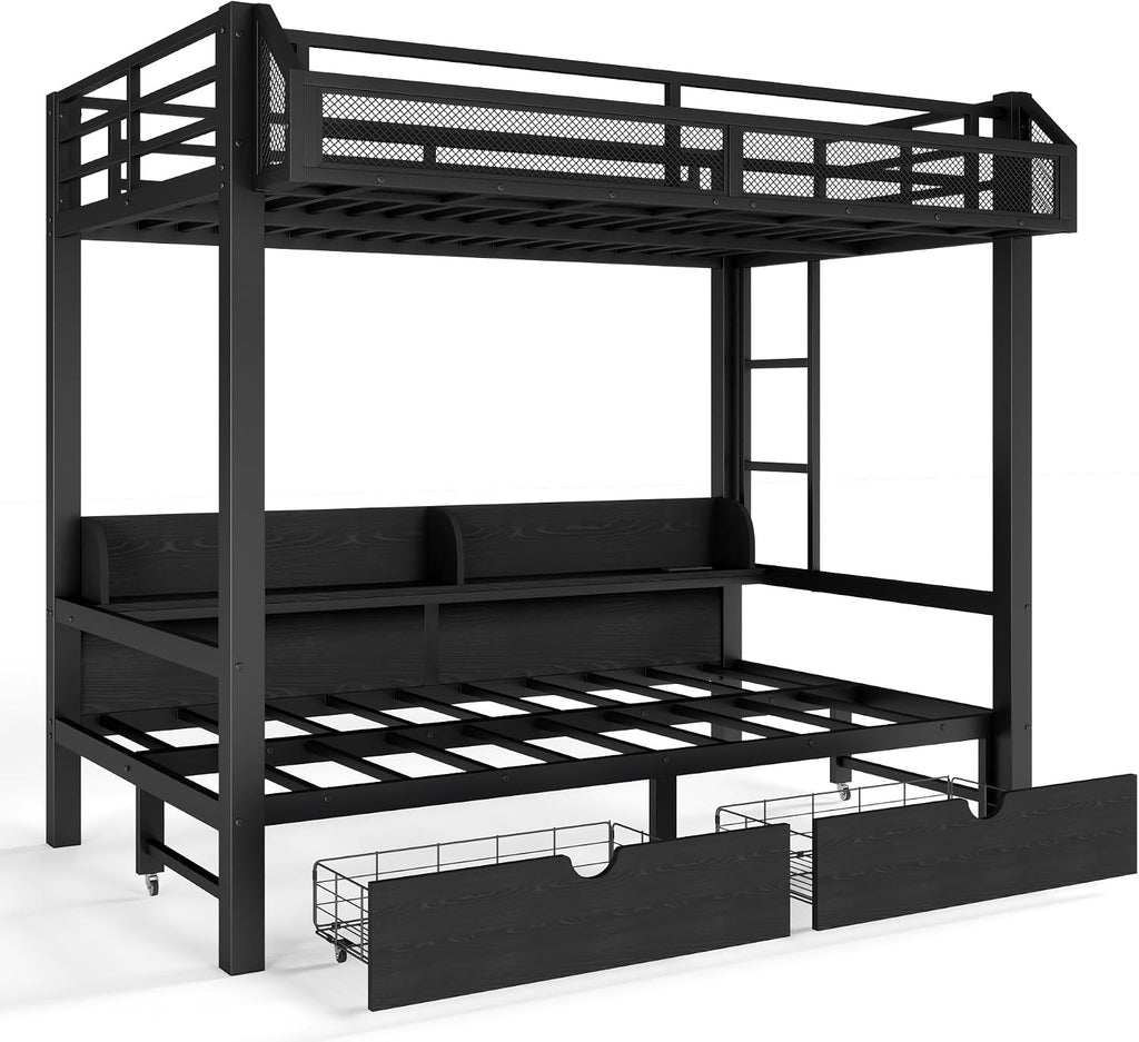 Twin Black Metal Bunk Bed with Storage Shelves and Drawers, Space-Saving Bunk Bed with Lights and USB Ports, Lower Bunkbed Can be Converted Sofa