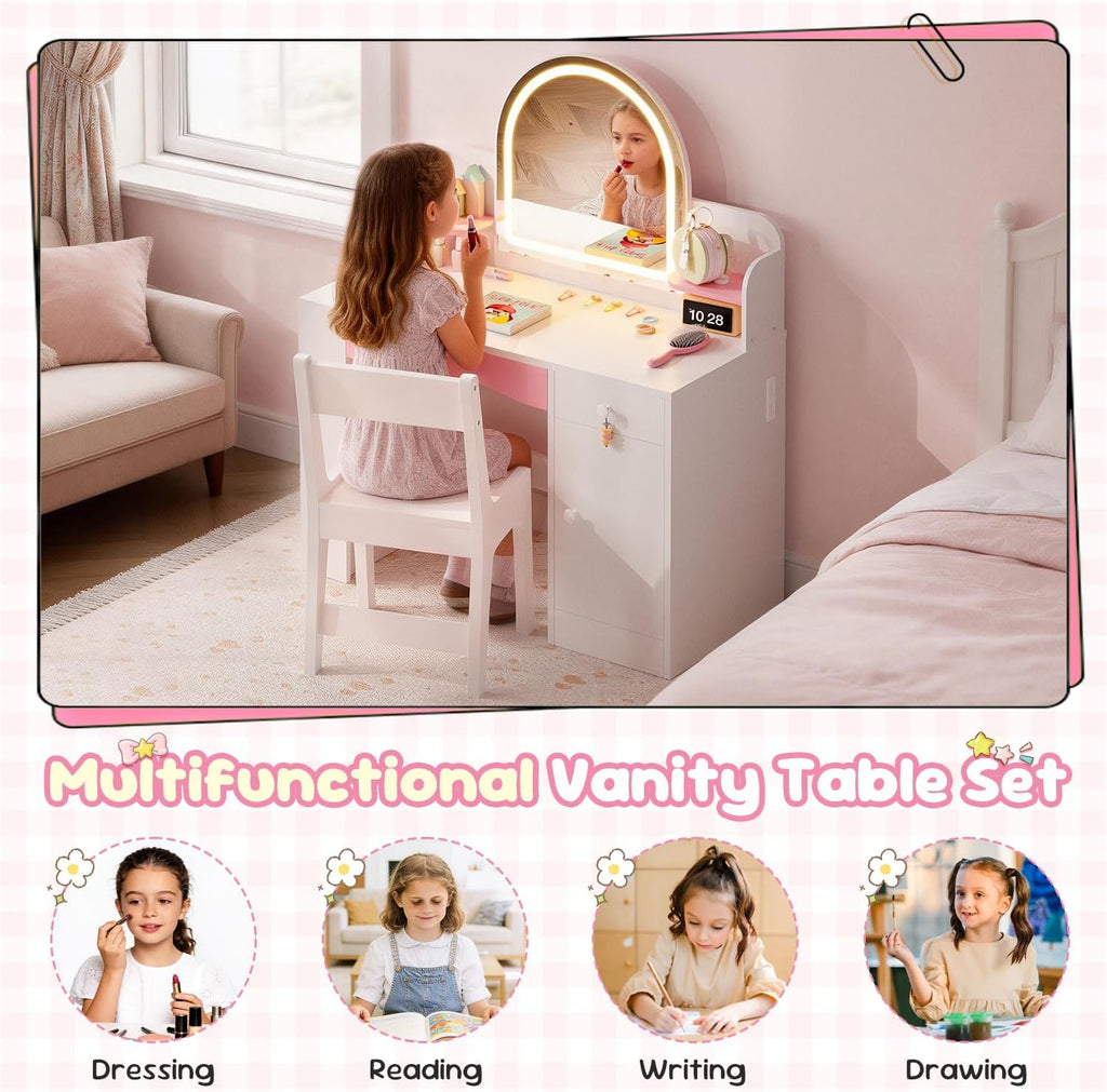 Teckid Kids Vanity Set with Chair and Lights, 2 in 1 Princess Makeup Desk, Toddler Vanity Table with Lighted Mirror, Open Bookshelf, Shelves, Drawers and Storage Cabinet for Little Girls (White)