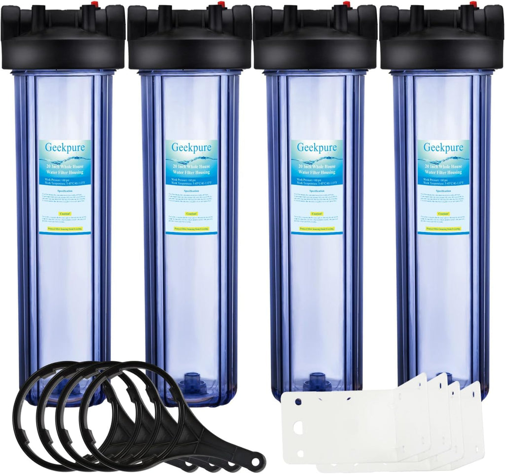 Geekpure 20 Inch Clear Whole House Water Filter Housing with Wrench Bracket -4.5' x 20' - 1' NPT Brass Port -Pack of 4