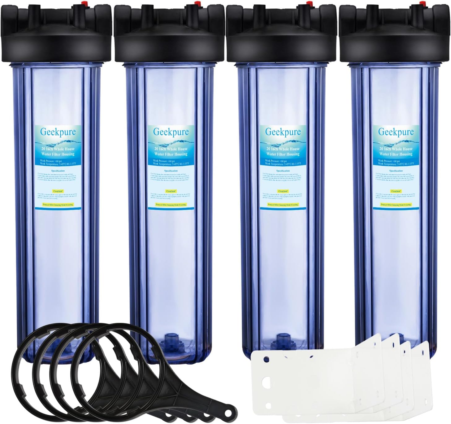 Geekpure 20 Inch Clear Whole House Water Filter Housing with Wrench Bracket -4.5' x 20' - 1' NPT Brass Port -Pack of 4