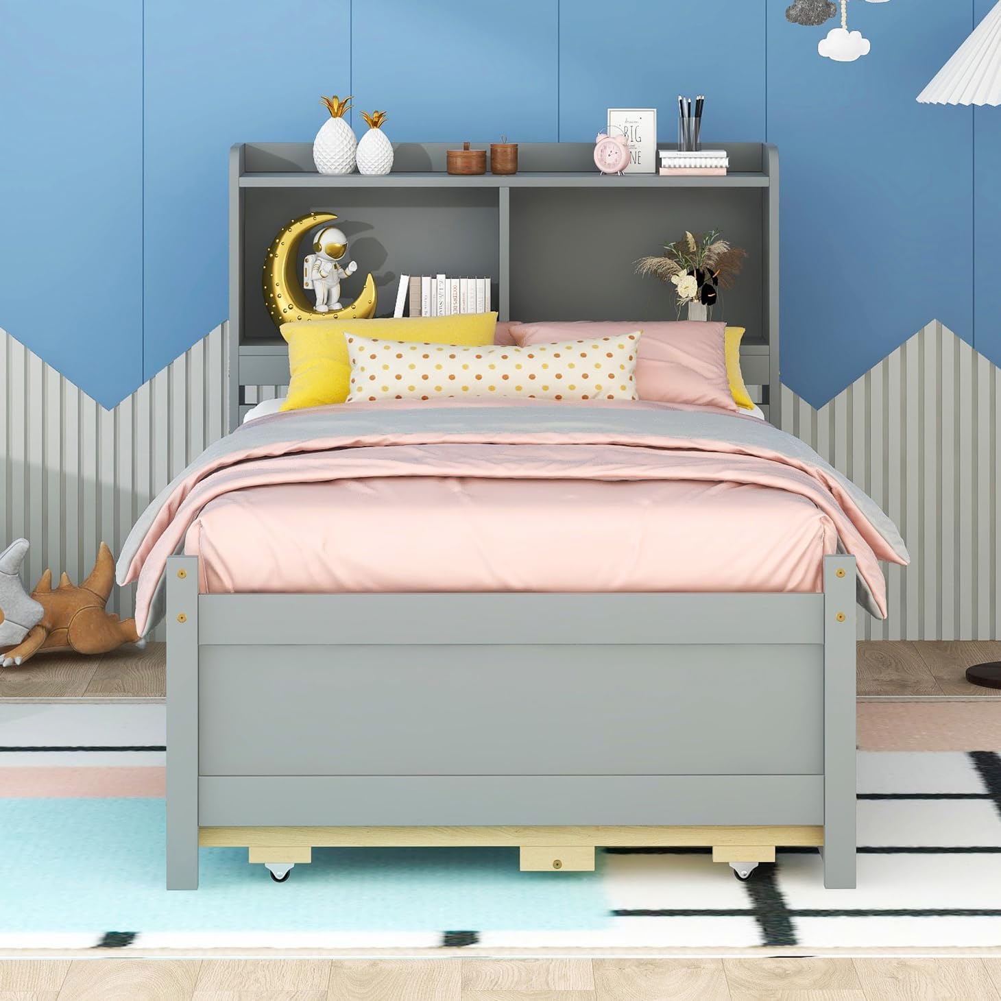 KEVINSPACE LED Bed Frame Twin Captains Bed Storage Daybed with Trundle Set, USB,Type-C Ports,LED Light Bed, Twin Size Beds Wooden Platform Bed with 3 Drawers and Bookcase Headboard Bedroom Grey
