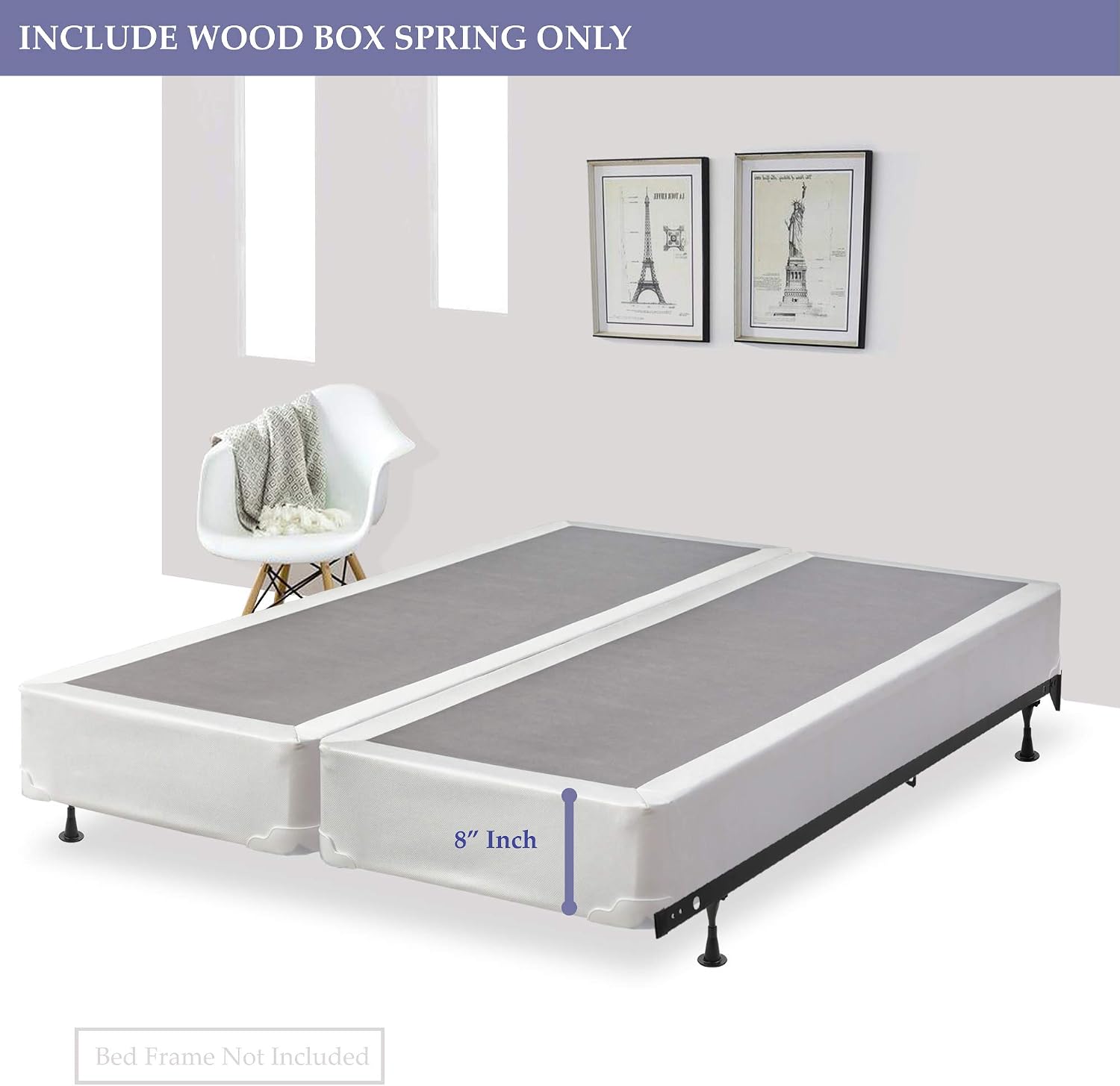 8-Inch Fully Assembled Split Wood Traditional Box Spring/Foundation for Mattress Set, Queen, White