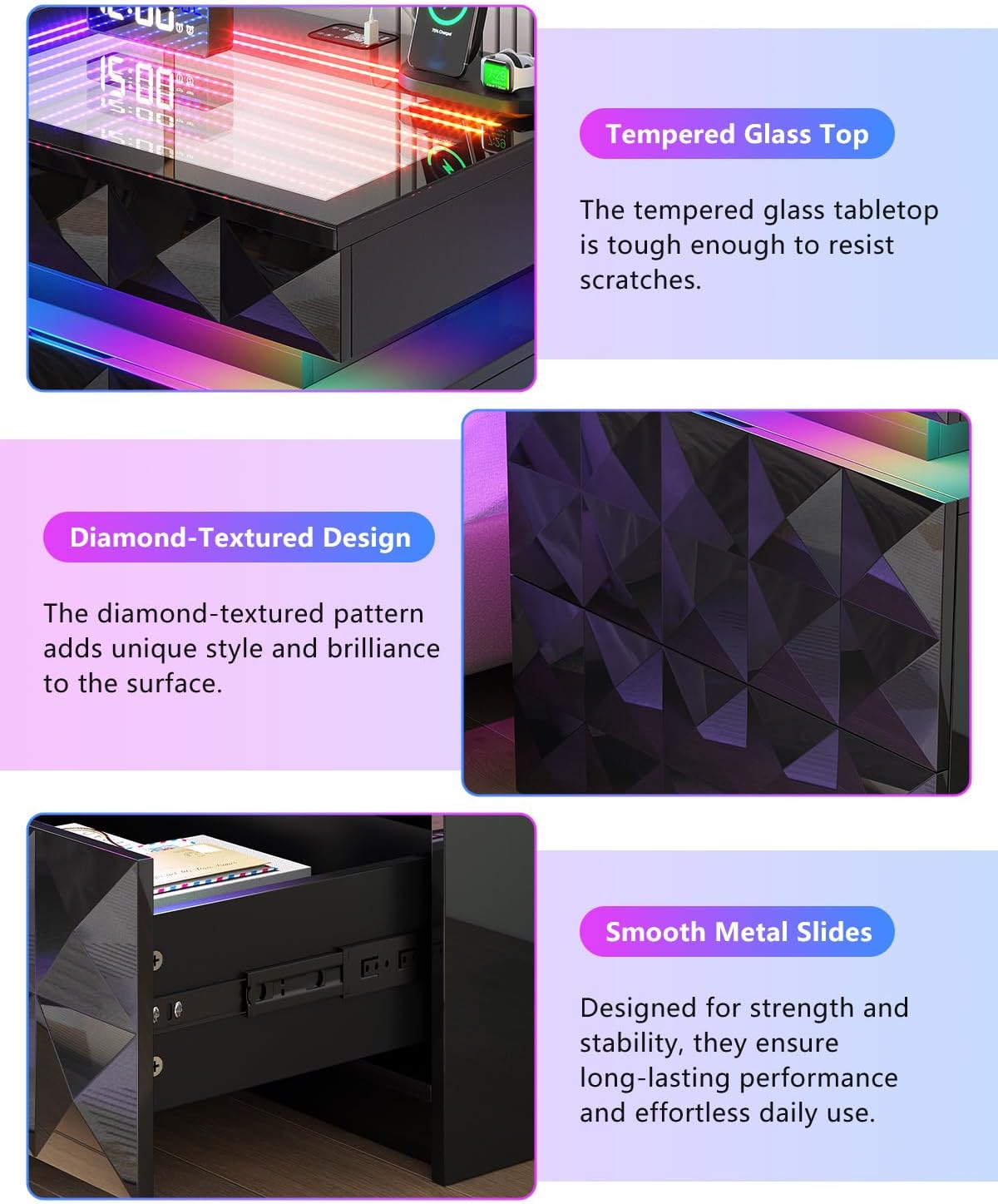 Night Stand Set 2 with Charger Station & RGB Lights, 3 Drawers Bedside Table with Sliding Top, Modern Night Stands with Human Body Sensor for Bedroom, Black