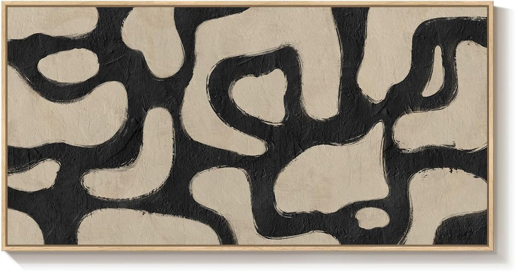 Oversized Framed Abstract Horizontal Wall Art for Living Room, Modern Neutral Black Beige Canvas Artwork for Walls, Extra Large Mid Century Paintings Print for Hallway Dining Room Wall Decor, 72x36 In