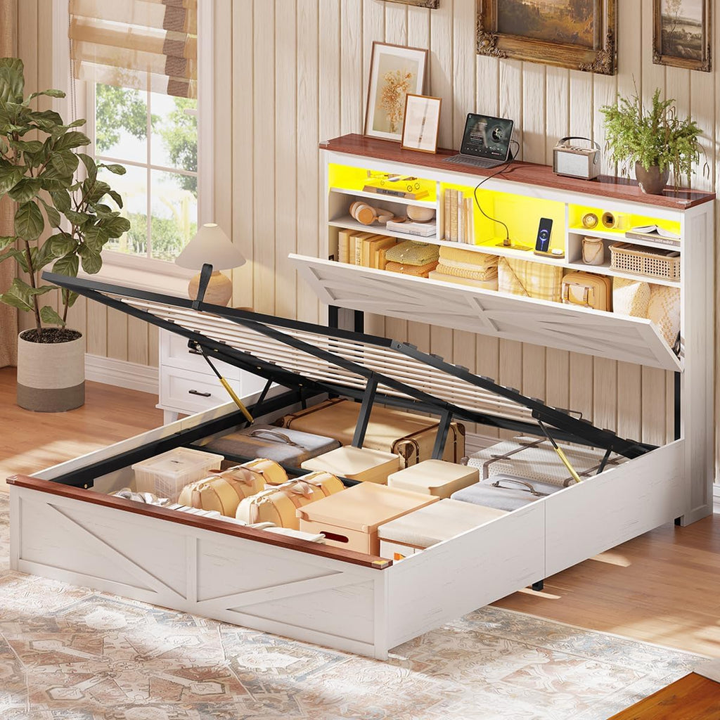 AOGLLATI Farmhouse Bed Frame Queen Size with Lift Up Storage & Hidden Bookcase Storage Headboard, Wood Queen Bed Frame with Charging Station, Led Lights, No Box Spring Needed, Antique White