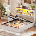 AOGLLATI Farmhouse Bed Frame Queen Size with Lift Up Storage & Hidden Bookcase Storage Headboard, Wood Queen Bed Frame with Charging Station, Led Lights, No Box Spring Needed, Antique White