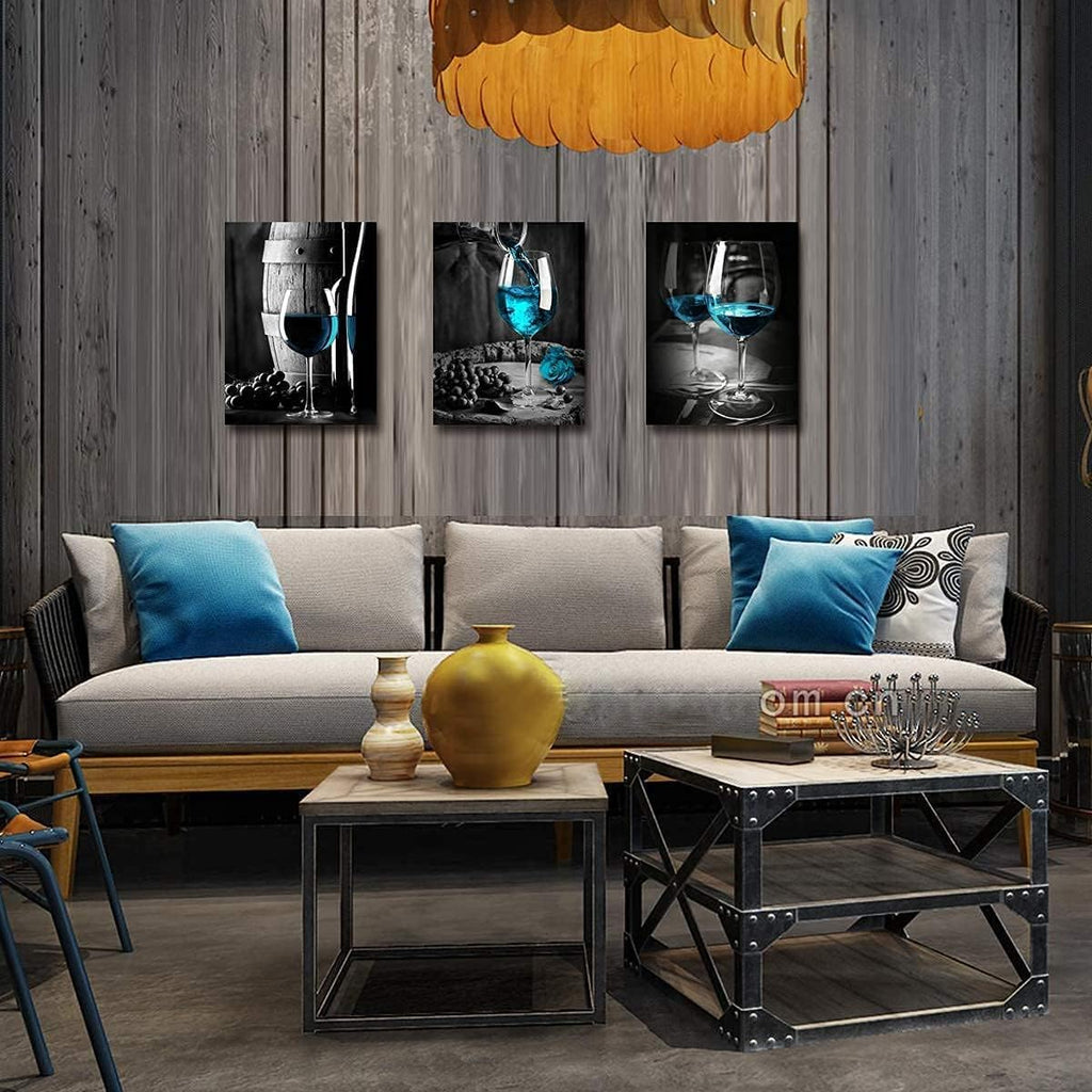 3 Panel Wine Glass Pictures Wall Decor Teal Blue Wall Art for Kitchen Bar Turquoise Home Decorations, Black and White Cask Barrel Pictures Retro Gray Posters Framed Canvas Prints Dining Room 20x28'