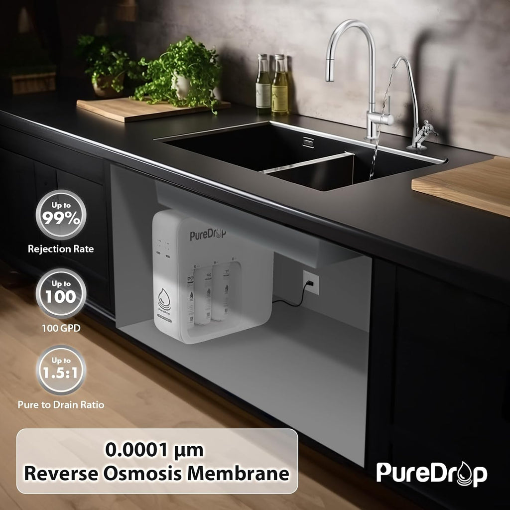 PureDrop PDR-100RO 3-Stage Under Sink Reverse Osmosis Drinking Water Filtration System, 100 GPD Fast Flow Built-in Tank RO Water Filter System, Reduce PFAS